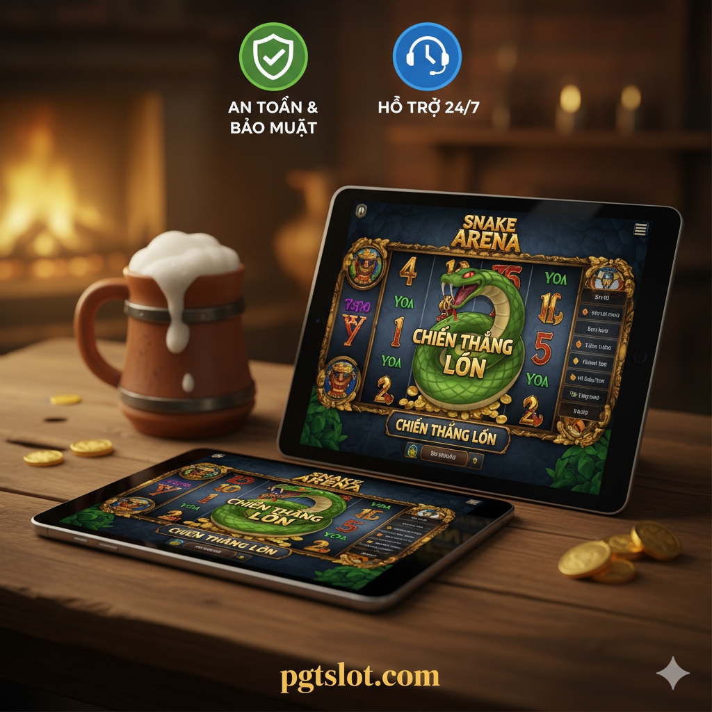 A warm and inviting summary image showing the Snake Arena game being played on a modern smartphone and a tablet, emphasizing cross-platform compatibility. The device screens display a 'Big Win' moment with the snake filling the reels. The devices are placed on a wooden tavern table with a medieval mug nearby, blending the digital and physical worlds. The overall lighting is warm and cozy. Overlay text or icons indicate 'Safe & Secure' and '24/7 Support' associated with pgtslot.com, providing a reassuring and professional conclusion to the review.