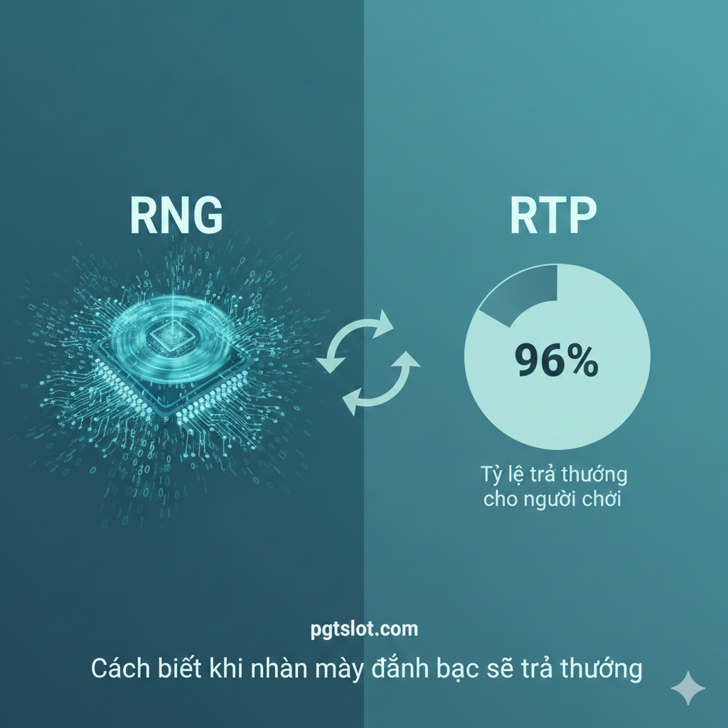 用于解释RNG和RTP科学机制的对比图。图片左侧是“RNG”标签,配以一个高速运转的微芯片或电路板,周围是快速闪烁的二进制代码流(0和1),强调其随机、不可预测的特性。图片右侧是“RTP”标签,配以一个清晰的饼图或百分比图表(例如96%),直观地展示“Return to Player”的概念。中间用箭头或连线连接两者,整体风格科学、数据化,色彩偏蓝绿调,突出知识性和逻辑性。