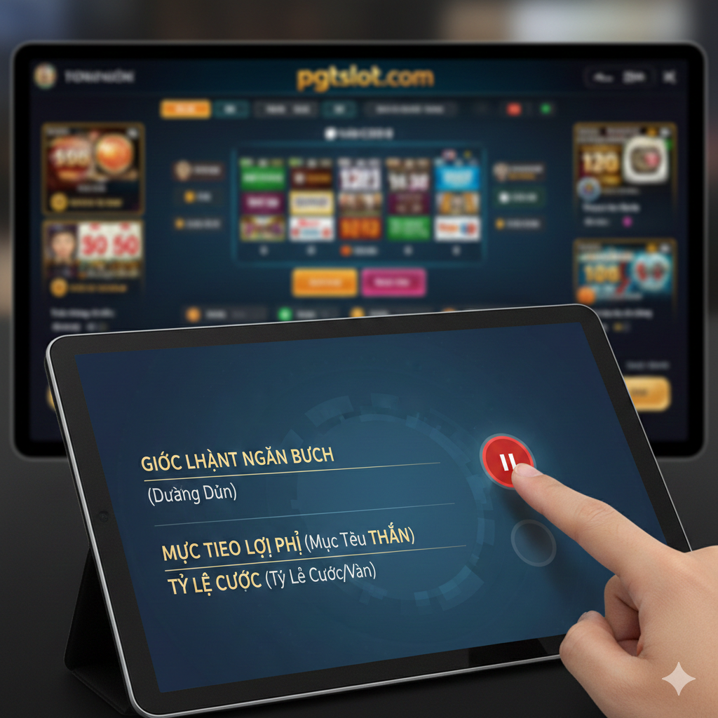 体现“管理资金”优势的概念图。画面核心是一个玩家正在使用一个虚拟的资金管理仪表板,上面清晰显示着“Bankroll Limit (停止线)”、“Win Goal (盈利目标)”和“Betting Limit (单次投注比例)”。背景是精致、专业的pgtslot.com游戏界面截图(虚化处理,不显示敏感信息),玩家的手指按在一个暂停/停止按钮上。整体色彩稳重,强调纪律性和理性决策带来的长期优势。