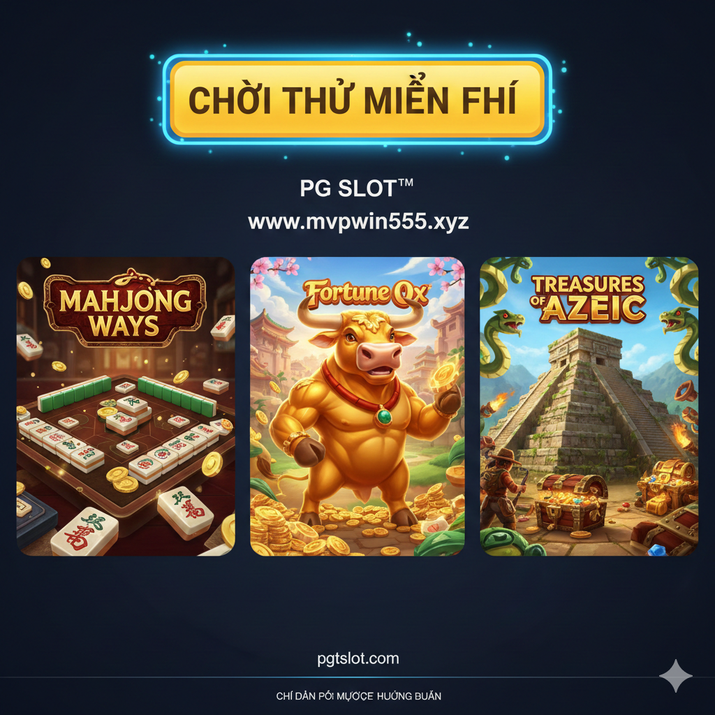 Hình ảnh hướng dẫn chơi thử PG Slot Demo miễn phí. Hình ảnh bao gồm ba khung hình nhỏ (grid layout) đại diện cho ba trò chơi nổi tiếng được đề cập: Mahjong Ways (với hình ảnh quân mạt chược), Fortune Ox (với hình ảnh con Trâu Vàng may mắn), và Treasures of Aztec (với hình ảnh kim tự tháp Aztec và kho báu). Phía trên có nút lớn với chữ 'Chơi Demo Miễn Phí' hoặc 'Free Demo'. Màu sắc sống động, đồ họa 3D sắc nét như trong game, thể hiện sự đa dạng của trò chơi.