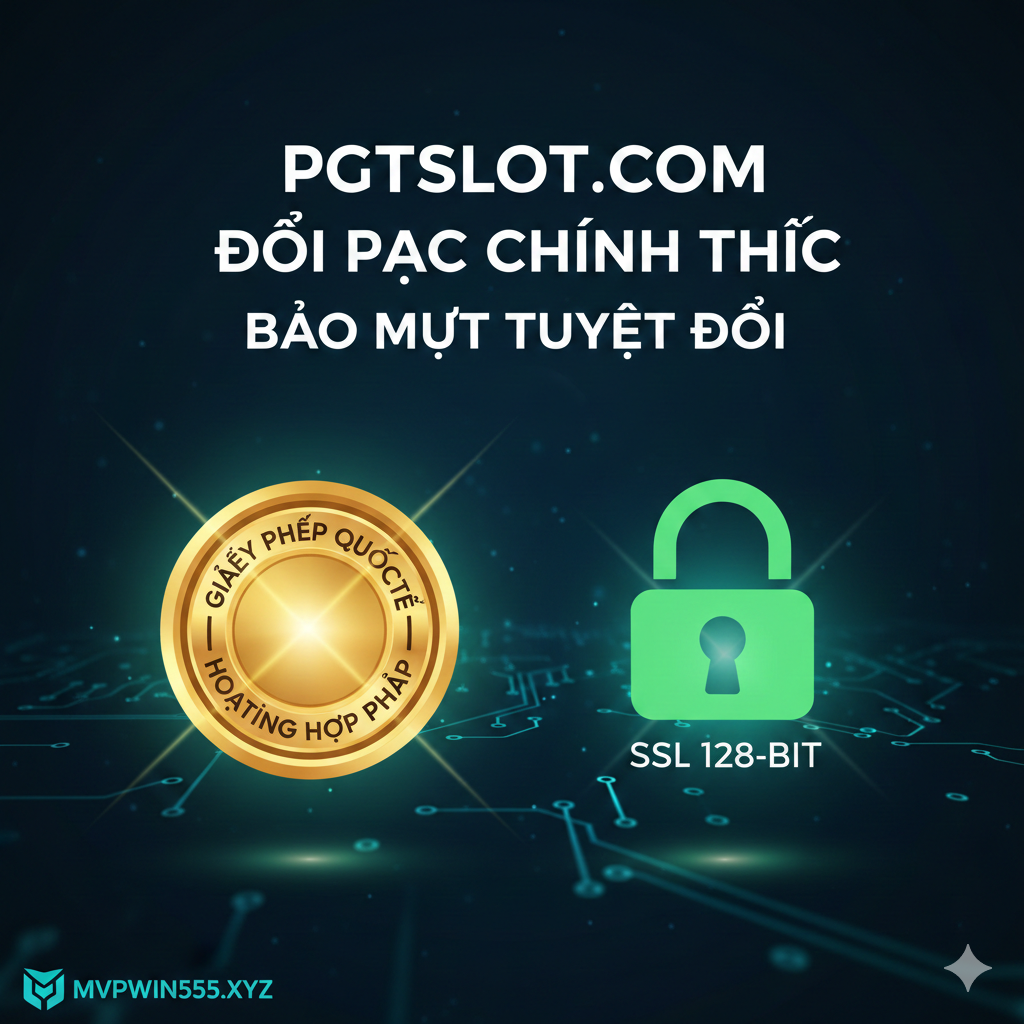 Minh họa các ưu điểm vượt trội của pgtslot.com: Pháp lý và Bảo mật. Hình ảnh thể hiện sự kết hợp của một Giấy phép hoạt động quốc tế (có thể là logo PAGCOR hoặc một con dấu hợp pháp chung chung) và biểu tượng mã hóa SSL 128-bit (biểu tượng ổ khóa màu xanh lá cây lớn). Nền tối, tập trung ánh sáng vào hai biểu tượng chính, tạo cảm giác chuyên nghiệp, đáng tin cậy. Dòng chữ: 'Đối Tác Chính Thức - Bảo Mật Tuyệt Đối'.