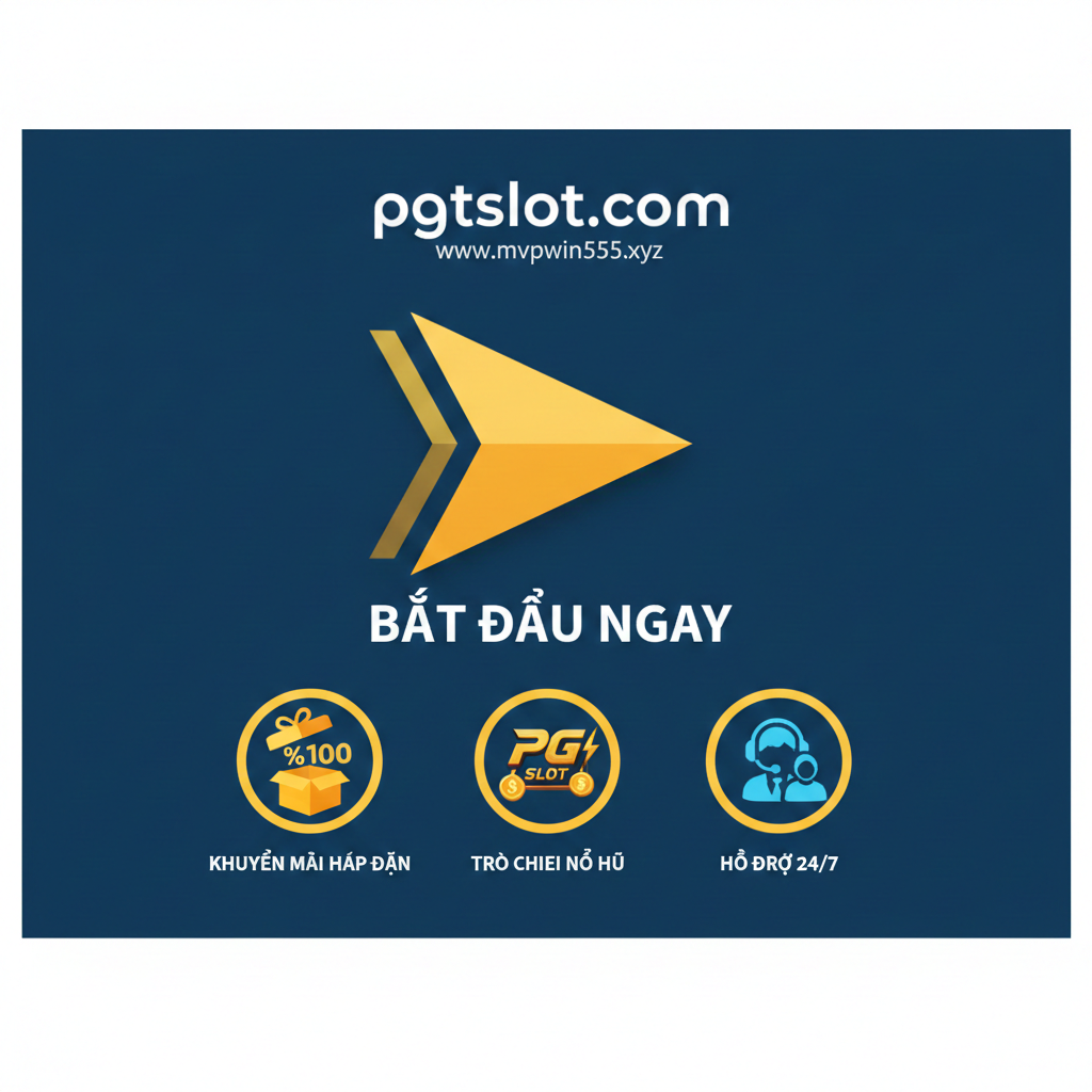 Hình ảnh tổng kết và kêu gọi hành động (CTA) tập trung vào pgtslot.com. Thiết kế đơn giản, mạnh mẽ với một mũi tên lớn hướng về phía trước (biểu tượng 'Bắt Đầu Ngay'). Hình ảnh kết hợp 3 biểu tượng nhỏ: một hộp quà/khuyến mãi 100% (cho phần Khuyến Mãi), một biểu tượng PG Slot nổ hũ (cho trải nghiệm chơi game), và một tai nghe/người hỗ trợ 24/7 (cho dịch vụ khách hàng). Màu chủ đạo là xanh dương và vàng, tạo cảm giác tích cực và thúc đẩy hành động truy cập trang web.