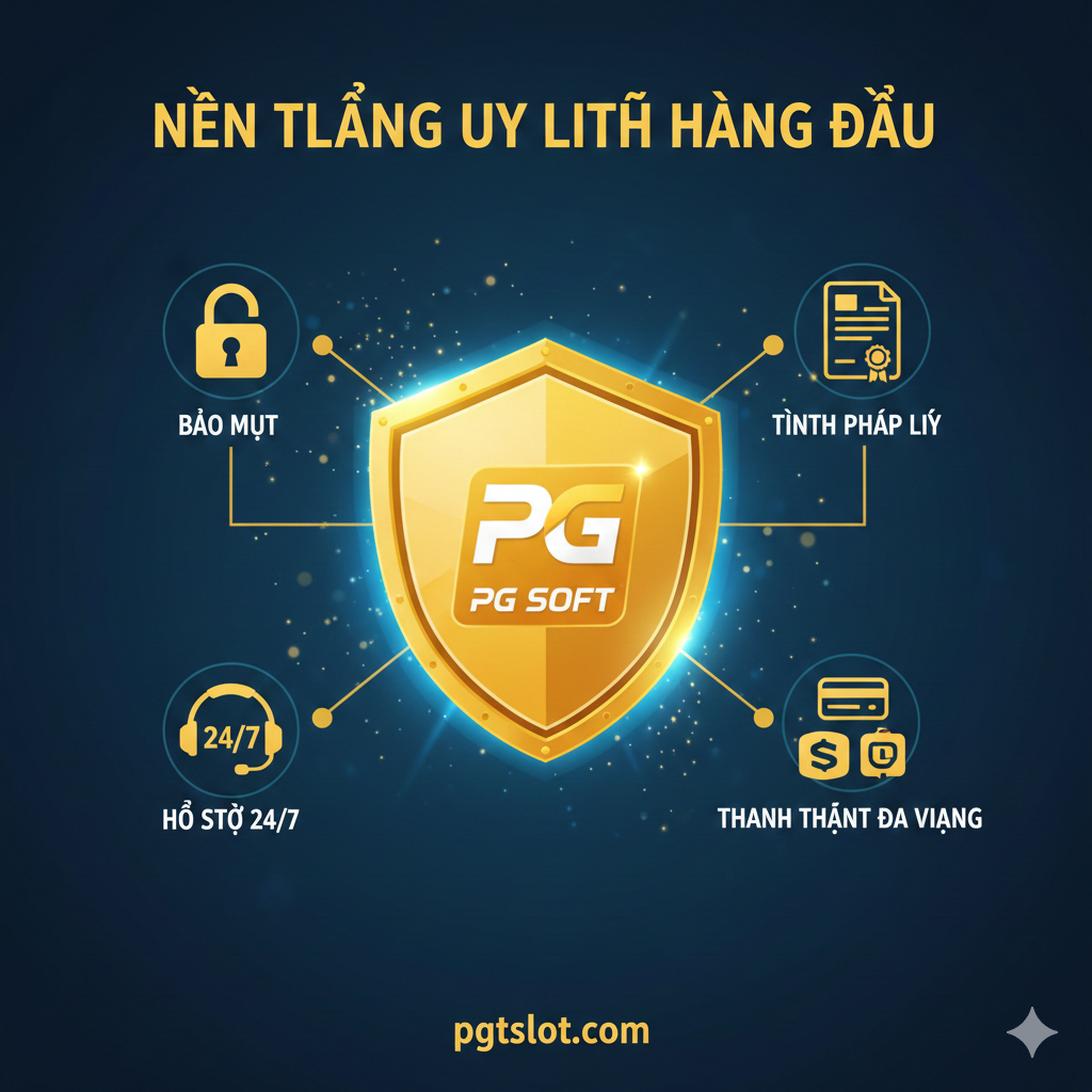 Hình ảnh tượng trưng cho sự đáng tin cậy và an toàn của pgtslot.com. Trung tâm là một chiếc khiên vàng với Logo PG Soft. Xung quanh là các biểu tượng như khóa bảo mật (Bảo Mật), giấy phép pháp lý (Tính Pháp Lý) và hỗ trợ khách hàng 24/7. Tông màu xanh chuyên nghiệp và vàng quyền lực, nhấn mạnh “NỀN TẢNG UY TÍN HÀNG ĐẦU” khi chơi pg slot web.