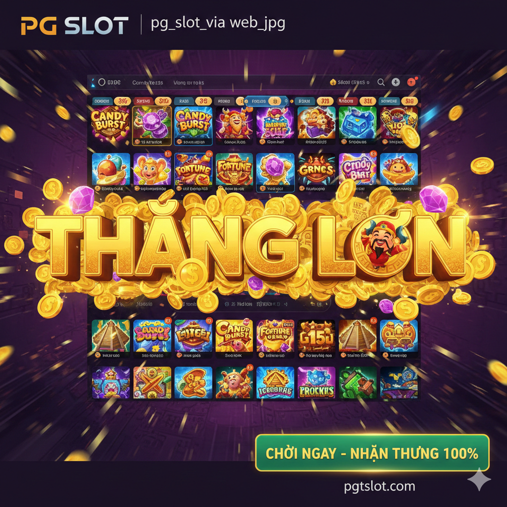 Hình ảnh tổng kết mang tính chất thúc đẩy hành động (CTA), với dòng chữ “THẮNG LỚN” hoặc “MEGA WIN” khổng lồ, được bao quanh bởi các đồng tiền vàng và biểu tượng game PG Slot. Góc dưới có nút “CHƠI NGAY - NHẬN THƯỞNG 100%”, khuyến khích người dùng truy cập pgtslot.com để chơi pg slot via web.