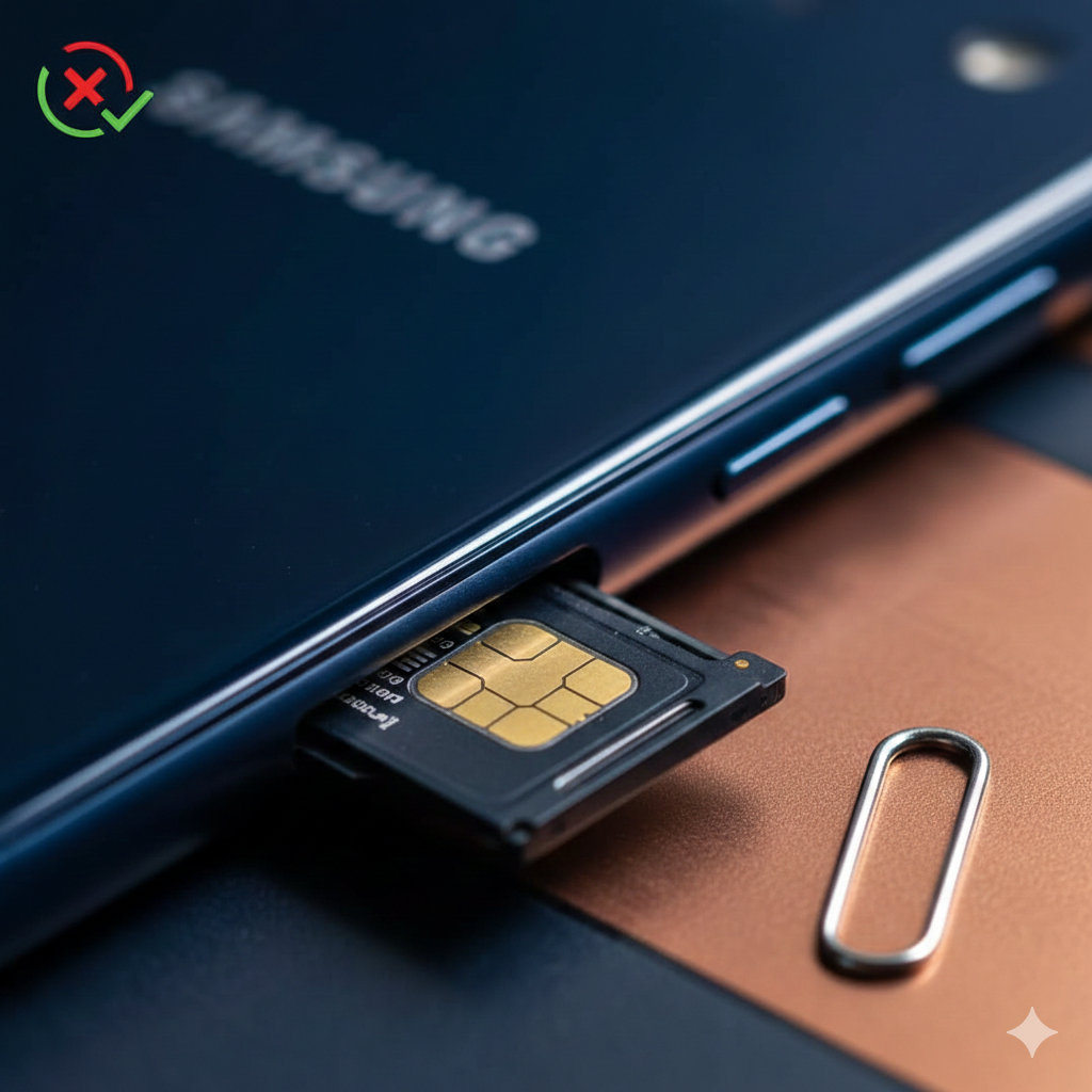 Ảnh minh họa chi tiết cấu tạo khay SIM và SD của Samsung A6. Hiển thị hai khay riêng biệt của Samsung A6: một khay nhỏ cho SIM 1 và một khay dài hơn chứa cả SIM 2 và thẻ MicroSD. Hình ảnh nên có chú thích (bằng tiếng Việt hoặc biểu tượng) rõ ràng về vị trí đặt SIM 1, SIM 2 và thẻ nhớ SD trên khay. Phong cách đồ họa kỹ thuật, sạch sẽ, nền trắng hoặc xám nhạt. Tập trung vào khay dài (SIM 2 + SD) để làm nổi bật tính năng 'dùng đồng thời 2 SIM và 1 thẻ nhớ'. Các vị trí đặt thẻ và SIM được làm nổi bật bằng màu sắc khác nhau (ví dụ: màu xanh cho SIM, màu vàng cho thẻ SD).