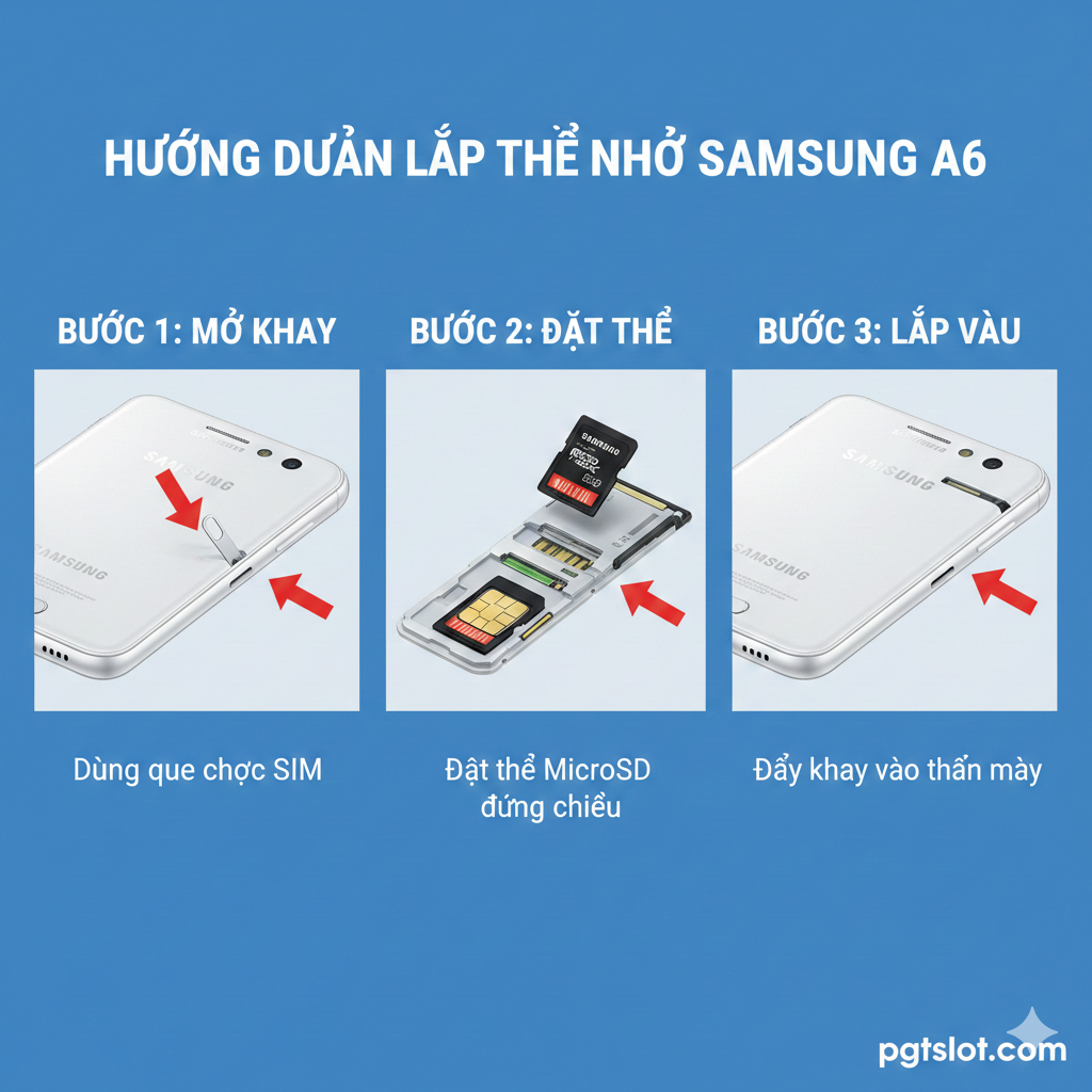 Ảnh hướng dẫn từng bước cách lắp thẻ nhớ vào Samsung A6. Bố cục chia làm 3 bước trong một khung hình: 1) Dùng que chọc SIM để mở khay (mũi tên chỉ ra lỗ chọc), 2) Đặt thẻ MicroSD vào khay, căn chỉnh đúng chiều (chân đồng hướng vào trong, mặt chữ hướng lên), 3) Đẩy khay đã gắn thẻ vào lại thân máy. Hình ảnh nên dùng phong cách minh họa rõ ràng, giống sơ đồ hướng dẫn lắp đặt (diagrammatic style), với các mũi tên chỉ dẫn thao tác. Hình nền điện thoại là một màu đơn giản, làm nổi bật thao tác thực hiện và các bộ phận nhỏ (thẻ, khay).