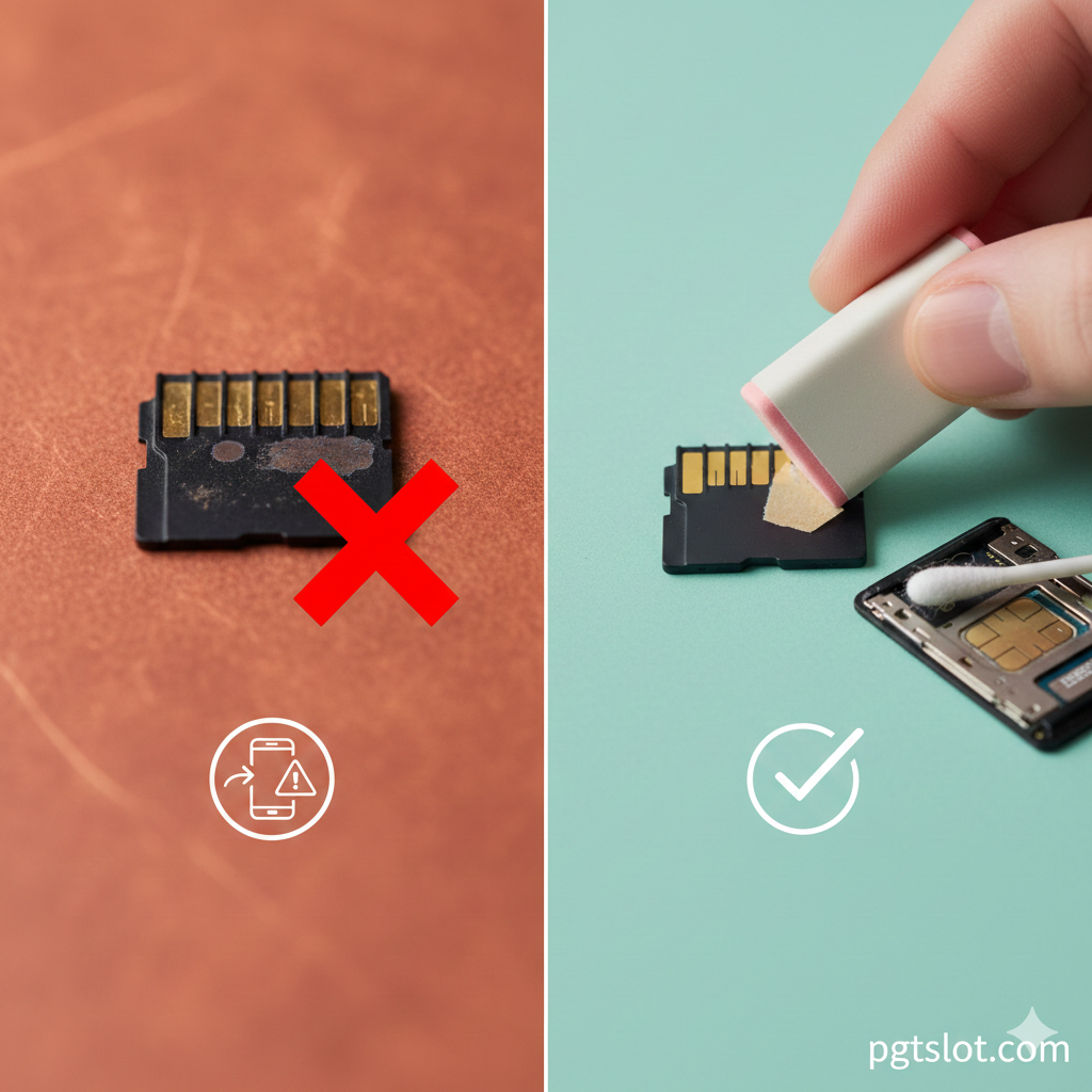 Ảnh mô tả giải pháp khắc phục lỗi 'Samsung A6 không nhận thẻ SD'. Hình ảnh nên có hai phần đối xứng hoặc đặt cạnh nhau: một bên là thẻ nhớ bị lỗi (có thể thể hiện bằng icon dấu X màu đỏ hoặc hình ảnh thẻ bị xỉn màu chân đồng) và bên kia là giải pháp (ví dụ: hình ảnh dùng cục tẩy bút chì hoặc tăm bông để lau sạch chân tiếp xúc của thẻ). Phong cách 'trước và sau' hoặc 'vấn đề và giải pháp'. Màu sắc dùng màu đối lập (ví dụ: màu cam/đỏ cho lỗi, màu xanh lá cây cho giải pháp) để tạo điểm nhấn mạnh mẽ, nhấn mạnh vào việc vệ sinh hoặc Format thẻ nhớ.