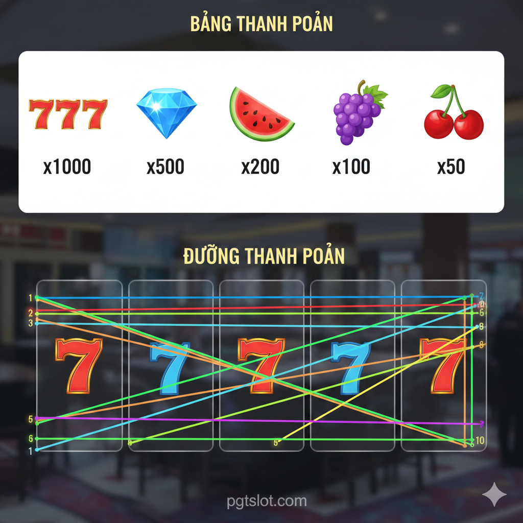 Một bức ảnh mang tính hướng dẫn, mô phỏng Bảng Thanh Toán (Paytable) và các Đường Thanh Toán (Paylines) trong trò chơi. Phần trên thể hiện Bảng thanh toán đơn giản với biểu tượng '777', 'Kim Cương' và các loại trái cây cùng tỷ lệ trả thưởng (ví dụ: x1000, x50). Phần dưới dùng các đường kẻ màu sáng để minh họa đường đi của Paylines trên khung cuộn 5x3, nhấn mạnh luật kết nối từ trái sang phải.