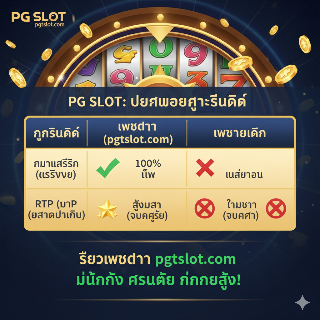 功能对比图，聚焦于PG Slot的'เว็บตรง'（Web Direct）和'แตกง่าย'（Easy Win/High RTP）特性。图片核心是一个清晰的表格或信息图表元素，展示'ความเสถียร'（Stability）和'RTP'的对比数据（例如PG Slot显示100%稳定性和高RTP）。色彩以pgtslot.com的品牌色（假设为金色/深蓝）为主，辅以高亮（如绿色）突出PG Slot的优势。背景可以是一些旋转中的老虎机卷轴和流动的金币，视觉上要给人以安全、可靠和高回报的感觉。