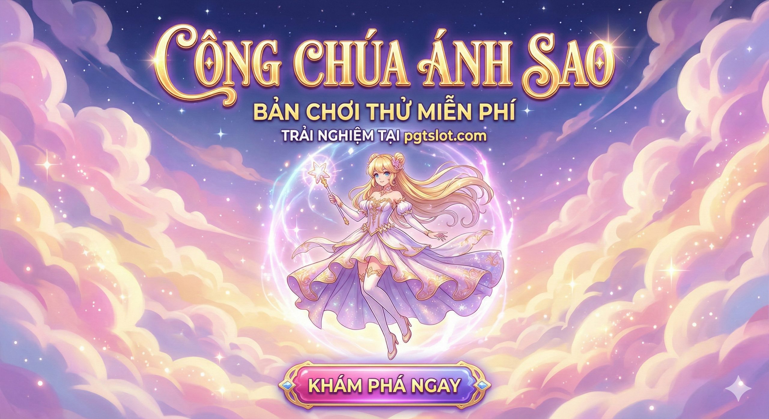 A captivating anime-style cover image featuring the Starlight Princess character floating gracefully with her magic wand against a backdrop of ethereal clouds and a starry night sky. The composition is vibrant with pastel pinks, purples, and golden accents. The image conveys a magical atmosphere inviting players to the 'Akun Demo' experience on pgtslot.com, with a focus on high-quality graphics and the fantasy theme of the game.