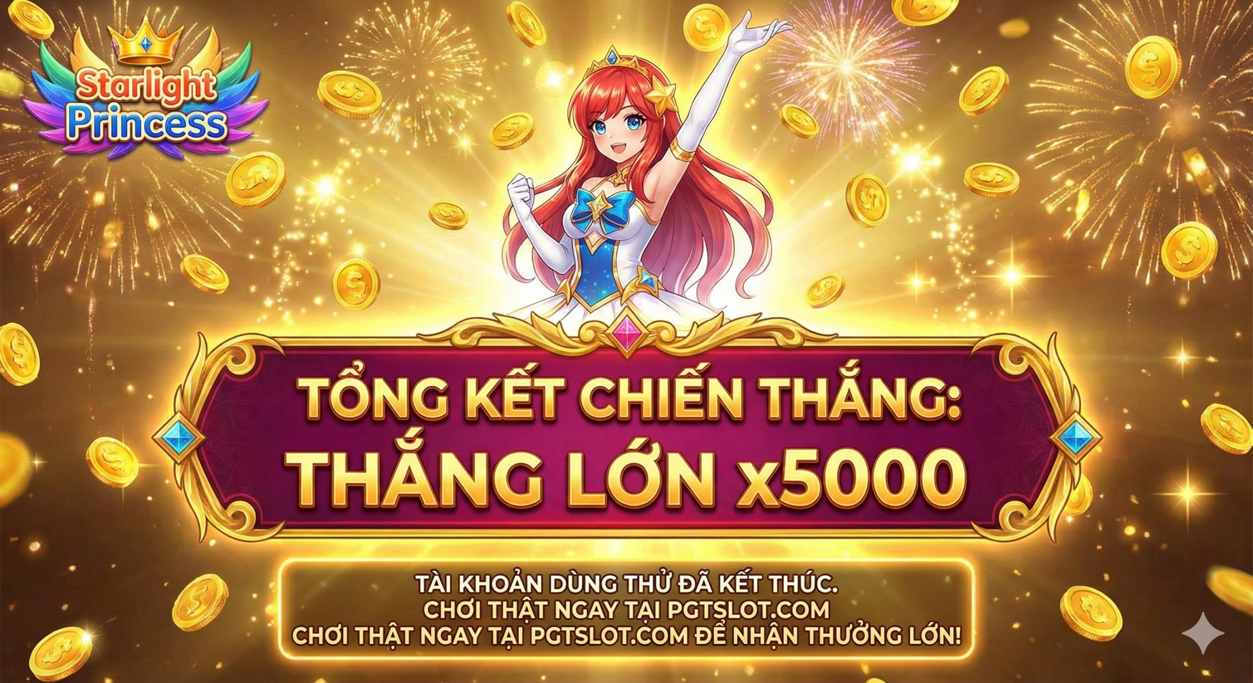 A celebratory summary image depicting a massive 'Maxwin x5000' victory scene. Golden coins are showering down around the Starlight Princess who is in a triumphant pose. The background is filled with digital fireworks and a golden glow, symbolizing wealth and success. The image serves as a powerful conclusion to encourage users to transition from the demo account to real play at pgtslot.com.