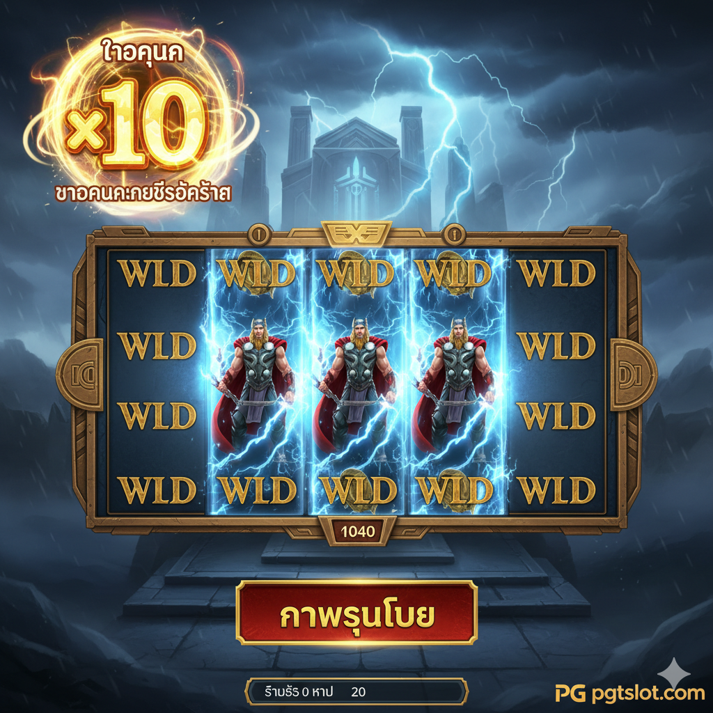 一张专注于展示游戏核心“免费旋转”（Free Spins）和“扩张百搭”（Expanding Wilds）功能的图片。画面应展示一个游戏中的中奖界面，特别是当Wild符号扩张填满整列时的视觉效果。右上方或左下方可以醒目地แสดง不断增加的“乘数”（Multiplier）数字，用闪烁的金色字体突出显示，背景是带有雷电效果的能量场。构图应清晰展示游戏界面，突出“ตัวคูณแห่งโชคชะตา”和“Expanding Wilds”的文字概念。