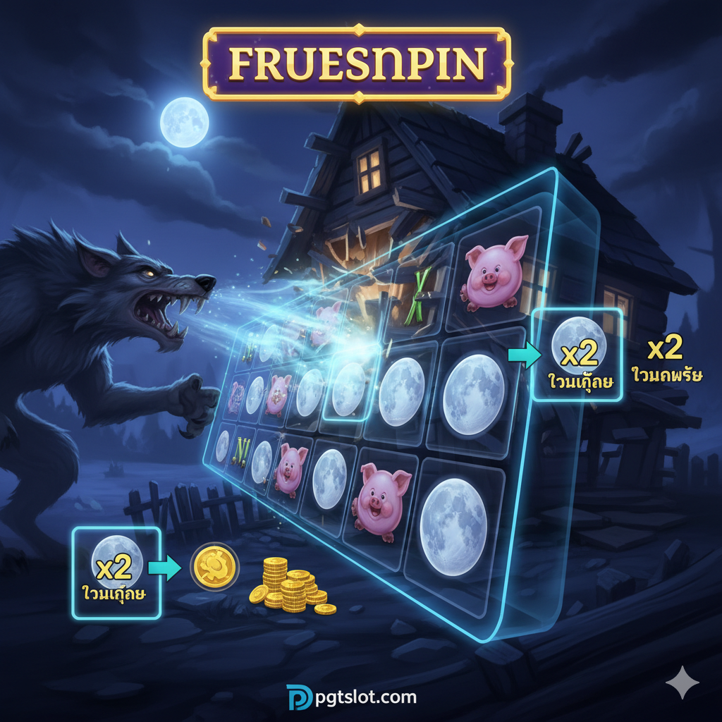 ภาพอธิบายฟีเจอร์ 'Blowing Down the House Free Spins' แสดงฉากกลางคืนที่มีบ้านลูกหมูถูกหมาป่าเป่า (บ้านเริ่มพัง) และมีสัญลักษณ์พระจันทร์ (Moon) ขนาดใหญ่อยู่บนรีลสล็อตอย่างชัดเจน มีการเน้นตัวเลข 'x2 Multiplier' หรือ 'Extra Free Spins' เพื่อแสดงให้เห็นถึงผลลัพธ์ของการสะสมสัญลักษณ์พระจันทร์ ภาพควรมีป้ายกำกับ 'Free Spins' เพื่อบ่งบอกว่าเป็นโหมดโบนัส ใช้โทนสีน้ำเงินเข้มและม่วงเพื่อสื่อถึงบรรยากาศยามค่ำคืนในรอบฟรีสปิน