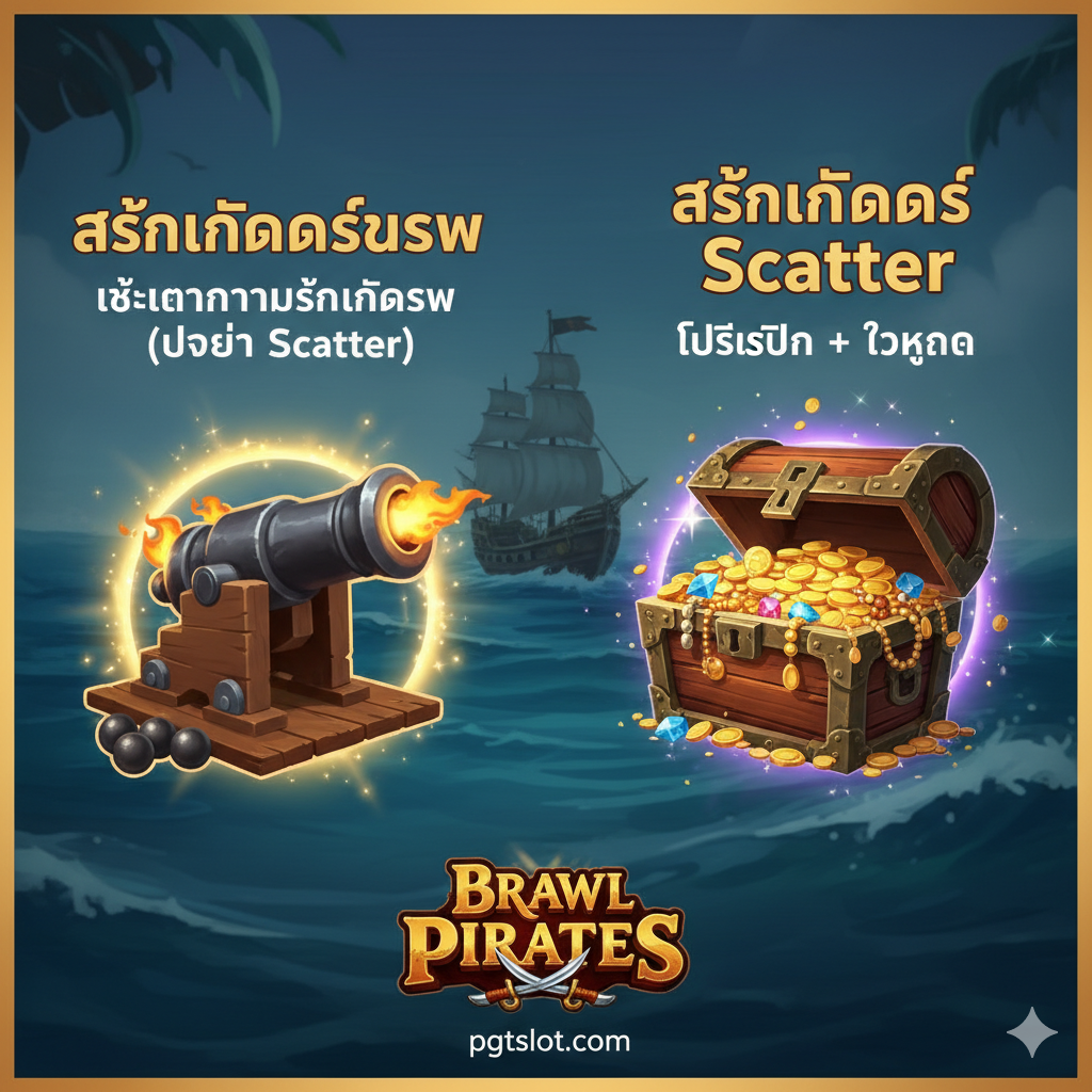 ภาพแสดงฟีเจอร์หลักของเกม โดยเน้นที่สัญลักษณ์พิเศษ 'Wild' (รูปปืนใหญ่หรือเรือรบ) และ 'Scatter' (รูปหีบสมบัติ) ในสไตล์อินโฟกราฟิกที่ดึงดูดสายตา มีพื้นหลังเป็นผืนน้ำทะเลที่กำลังเกิดพายุเล็กน้อย สัญลักษณ์ทั้งสองควรถูกเน้นด้วยแสงเรืองรองเพื่อแสดงความสำคัญ พร้อมมีข้อความภาษาไทยกำกับสั้นๆ เช่น 'Free Spins' และ 'ตัวคูณรางวัล' เพื่อสื่อถึงฟังก์ชันการทำงานของสัญลักษณ์เหล่านั้น ภาพเน้นความเข้าใจง่ายและดึงดูดด้วยองค์ประกอบเกมที่โดดเด่น.