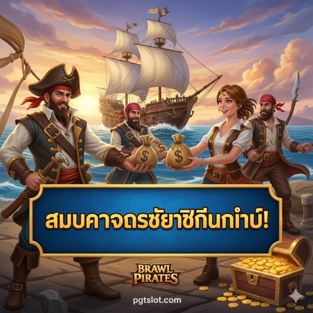 ภาพสรุปที่เน้นการกระตุ้นให้สมัครสมาชิกและรับโปรโมชั่น 'เครดิตฟรี' โดยใช้ภาพของลูกเรือโจรสลัดกำลังส่งมอบถุงเงินหรือหีบสมบัติที่เต็มไปด้วยเหรียญทองให้แก่ผู้เล่น ในฉากหลังที่มีเรือโจรสลัดขนาดใหญ่อยู่บนทะเล โดดเด่นด้วยป้ายโปรโมชั่นขนาดใหญ่ที่มีข้อความ 'สมัครรับเครดิตฟรีทันที!' เป็นภาษาไทยที่ชัดเจนและอ่านง่าย โทนสีโดยรวมสว่างและดึงดูดใจ เพื่อเน้นย้ำข้อเสนอพิเศษและกระตุ้นการตัดสินใจของผู้ใช้งาน.