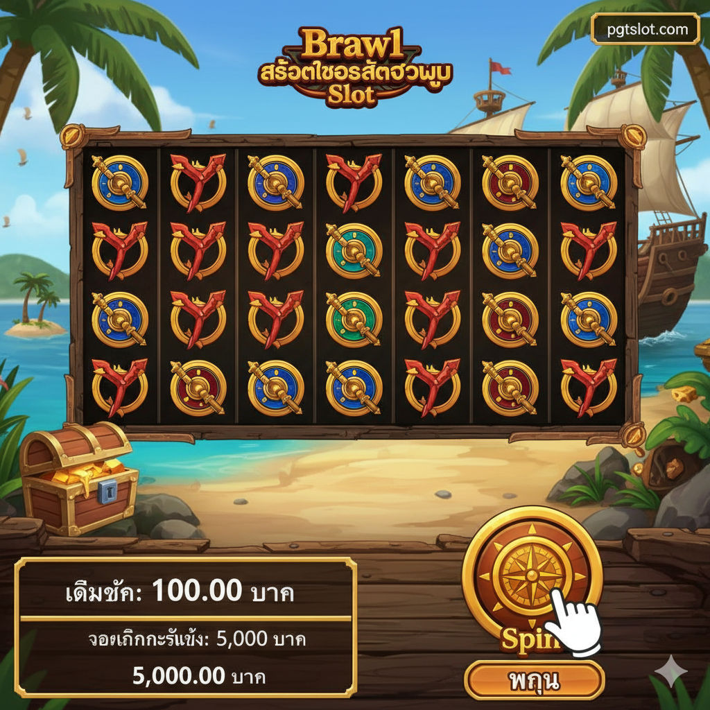 ภาพจำลองหน้าจอการเล่นเกมสล็อต 'Brawl Pirates Slot' ในมุมมองที่แสดงส่วนควบคุมการเดิมพัน (Betting Controls) และปุ่ม 'Spin' อย่างชัดเจน เน้นที่บริเวณด้านล่างของจอซึ่งแสดงจำนวนเงินเดิมพันและยอดเงินคงเหลือ มีนิ้วมือ (หรือไอคอนมือ) กำลังกดปุ่มสปิน เพื่อสื่อถึงขั้นตอนการเล่นที่ง่ายดาย ฉากหลังยังคงเป็นเรือโจรสลัดหรือเกาะสมบัติ ภาพรวมสื่อถึงวิธีการเล่นที่ตรงไปตรงมาและเข้าถึงง่ายสำหรับมือใหม่.