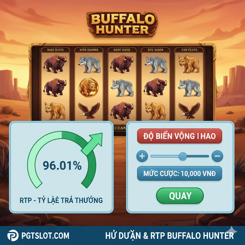 Hình ảnh mang tính hướng dẫn và cung cấp thông tin kỹ thuật. Cấu trúc rõ ràng với hai bảng thông tin nổi bật. Phía bên trái là một biểu đồ tròn đơn giản hoặc một con số lớn '96.01%' kèm nhãn 'RTP - Tỷ lệ Trả Thưởng' và biểu tượng mũi tên chỉ lên. Phía bên phải là giao diện điều chỉnh mức cược (Bet Level) và nút 'SPIN', cùng dòng chữ 'Độ Biến Động CAO' (High Volatility). Phông nền là giao diện trò chơi với cuộn quay dừng, tạo cảm giác trực quan về luật chơi cơ bản.