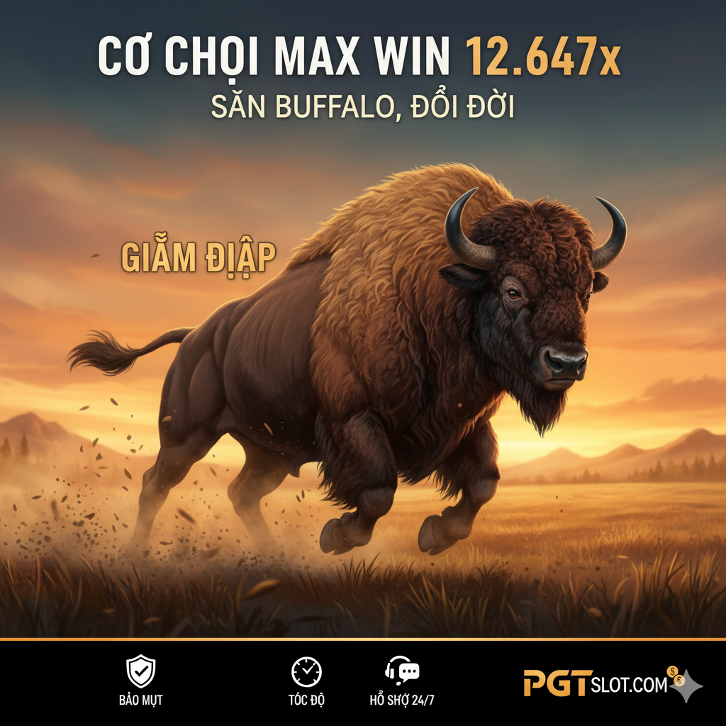 Ảnh tổng kết và kêu gọi hành động. Hình ảnh một Trâu Buffalo đang chạy mạnh mẽ qua màn hình, tạo cảm giác về 'Stampede' (Giẫm đạp). Phía trên là dòng chữ tổng kết 'SĂN BUFFALO, ĐỔI ĐỜI' hoặc 'CƠ HỘI MAX WIN 12.647x'. Phía dưới là một khu vực đen hoặc đỏ chứa 3-4 icon (ví dụ: Bảo mật, Tốc độ, Hỗ trợ 24/7) và logo pgtslot.com, tạo ấn tượng cuối cùng về chất lượng game và nền tảng cung cấp.