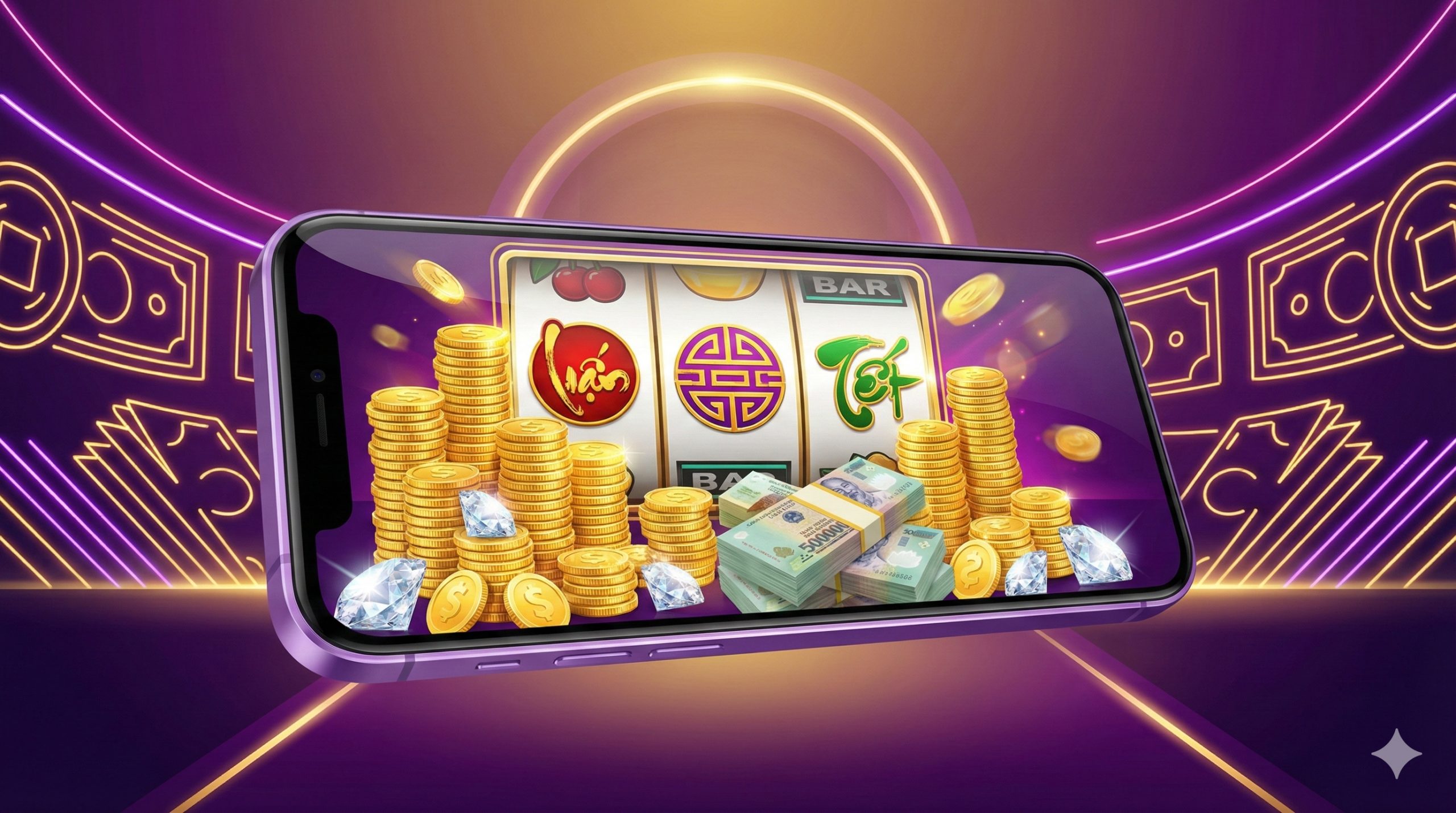 A luxurious and vibrant 3D illustration representing the concept of 'Crazy Rich Slots'. The image features a futuristic slot machine screen bursting with overflowing gold coins, sparkling diamonds, and stacks of cash. The background is a premium deep purple and gold gradient with neon light accents, creating an atmosphere of wealth and excitement. The style is glossy and high-definition, similar to PG Soft game art, designed to capture attention immediately.