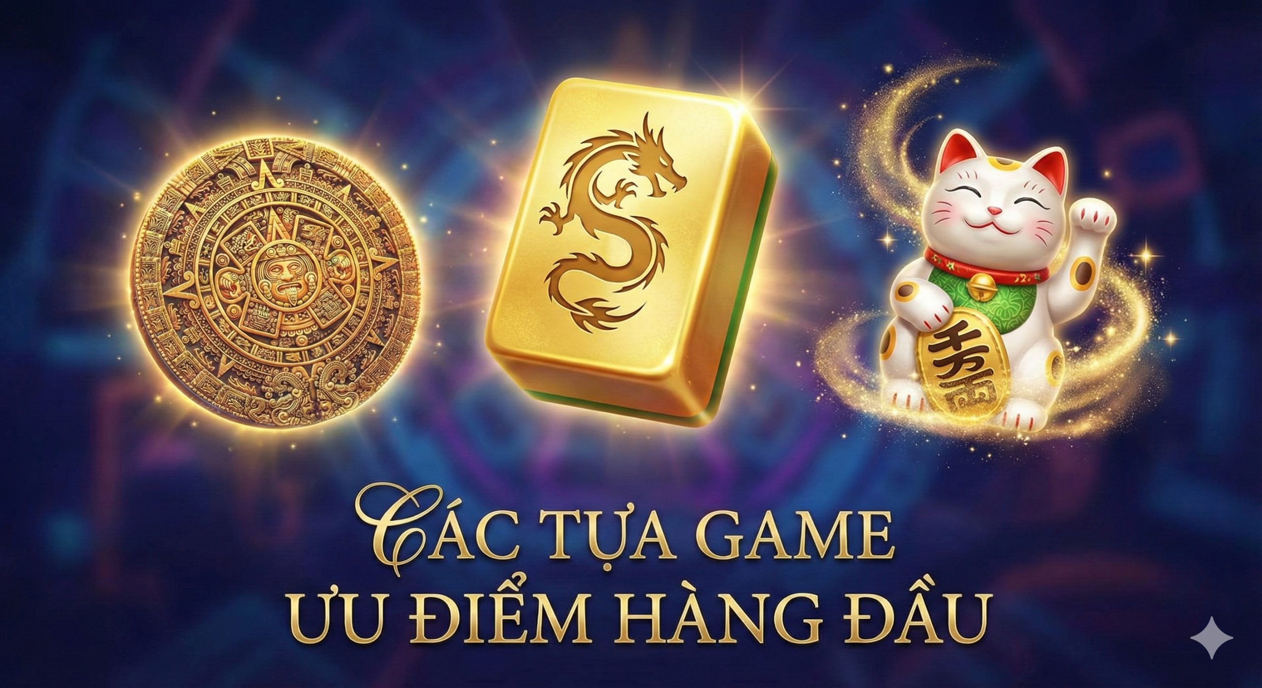 An artistic collage composition featuring iconic 3D elements from three specific PG Soft games. In the center, a golden Mahjong tile (Mahjong Ways 2), flanked by a mystical glowing Mayan artifact (Treasures of Aztec) and a cute, beckoning Japanese Lucky Cat (Lucky Neko). The elements are surrounded by magical golden dust and dynamic lighting effects, showcasing the diversity and high RTP potential of the game collection.