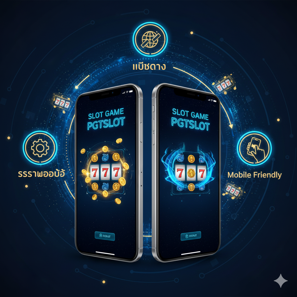 ภาพที่เน้นคุณสมบัติเด่นของเว็บไซต์ตรง pgtslot.com ในด้านเทคโนโลยีและการเข้าถึง: ภาพพื้นหลังเป็นดีไซน์ของเว็บไซต์ที่มีกราฟิกเกมสล็อตเล็กๆ ลอยอยู่เบื้องหลัง มีโทรศัพท์มือถือ (Smartphone) สองเครื่องแสดงผลเกมสล็อตบนหน้าจอ: เครื่องหนึ่งเป็นระบบ iOS อีกเครื่องเป็น Android เน้นการเชื่อมต่อที่ราบรื่น (Seamless Connection) และความเร็วสูง มีไอคอนสัญลักษณ์ 'เว็บตรง', 'ระบบออโต้', และ 'Mobile Friendly' ในสไตล์เทคโนโลยีที่ทันสมัย (Futuristic/Neon Blue Light) อยู่รอบๆ โทรศัพท์ เน้นสีน้ำเงินเข้ม ทอง และสีนีออนเพื่อให้ดูน่าเชื่อถือและทันสมัย