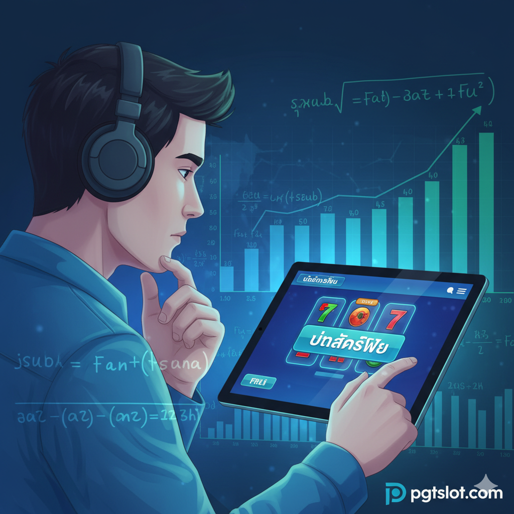 ภาพผู้เล่นที่กำลังใช้แท็บเล็ตทดสอบ 'ปั่นสล็อตฟรี' โดยมีพื้นหลังเป็นกราฟและสูตรคณิตศาสตร์ เน้นการวิเคราะห์และฝึกฝน 'สูตรสล็อตฟรี' ในโหมดทดลองเล่น