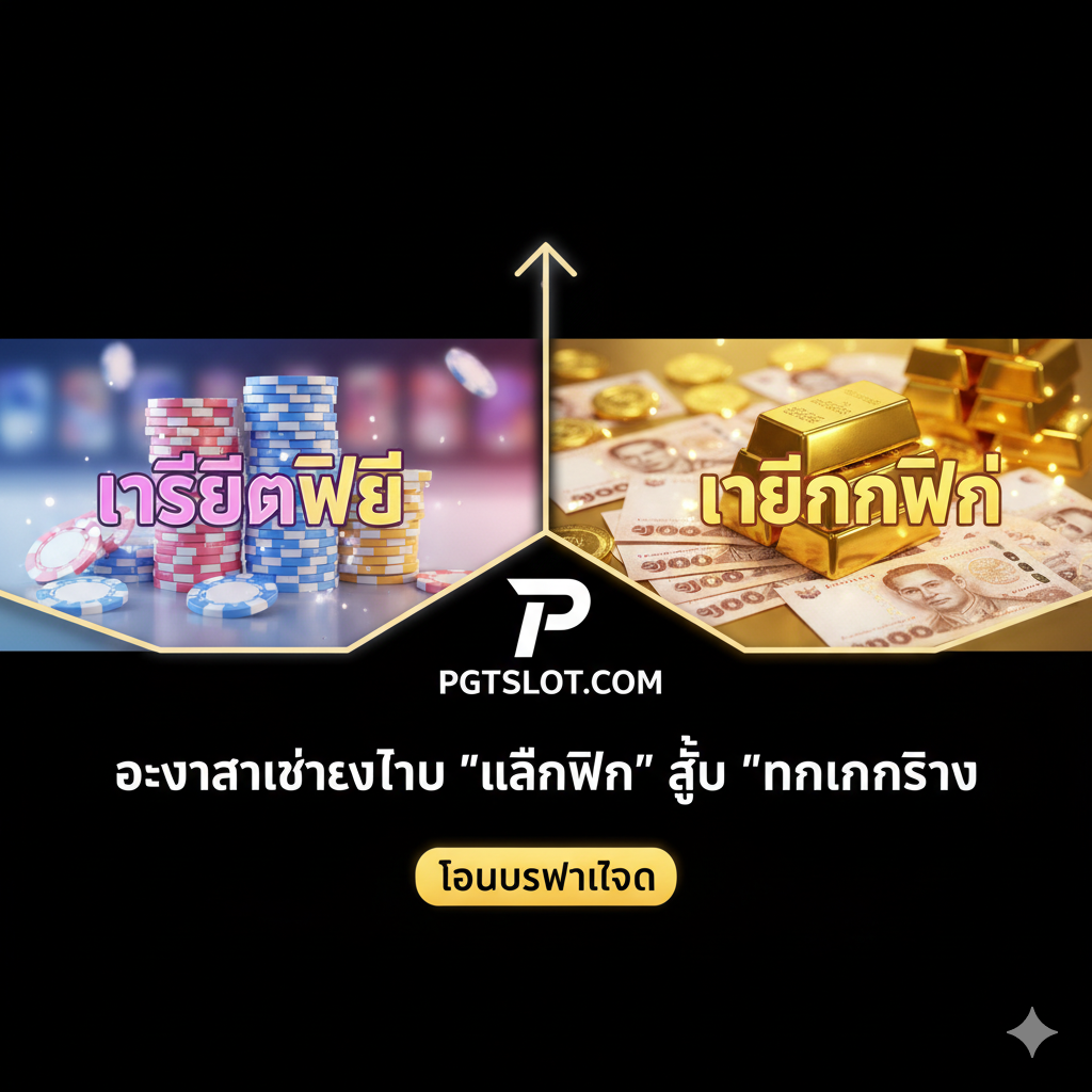 ภาพเปรียบเทียบการเปลี่ยนสถานะจาก 'เล่นฟรี' (เครดิตเสมือน) ไปสู่ 'ทำเงินจริง' (เงินจริงและทองคำ) พร้อมลูกศรชี้ไปที่โลโก้ PGTSLOT และเน้น 'โบนัสต้อนรับ'