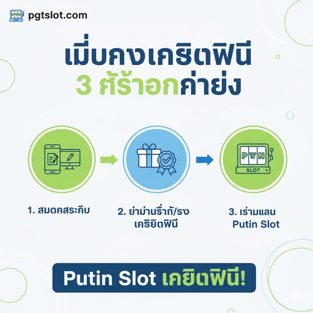 สามไอคอนขั้นตอนง่ายๆ สำหรับการรับเครดิตฟรี: สมัครสมาชิก, รับเครดิตฟรี, เริ่มเล่น/ถอนได้จริง