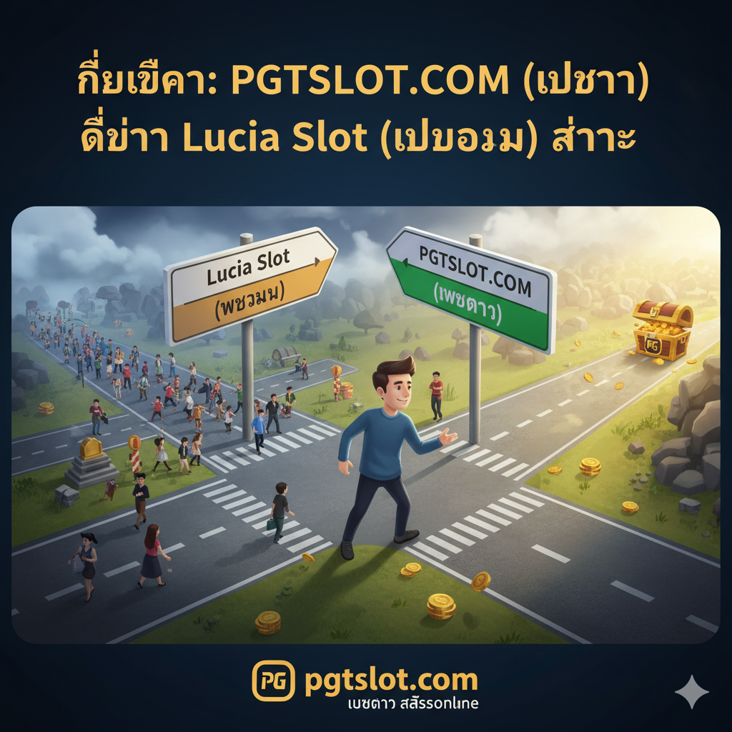 一張教程或信息图,回答“如何选择”的问题。图片中心是一个玩家在十字路口做选择。一条路标指向“Lucia Slot (เว็บรวม)”,这条路看起来很拥挤且复杂。另一条路标指向“PGTSLOT.COM (เว็บตรง)”,这条路宽阔、明亮且ตรง达一个PG Slot的宝藏箱。构图引导用户选择PGTSLOT作为更明智的路径。