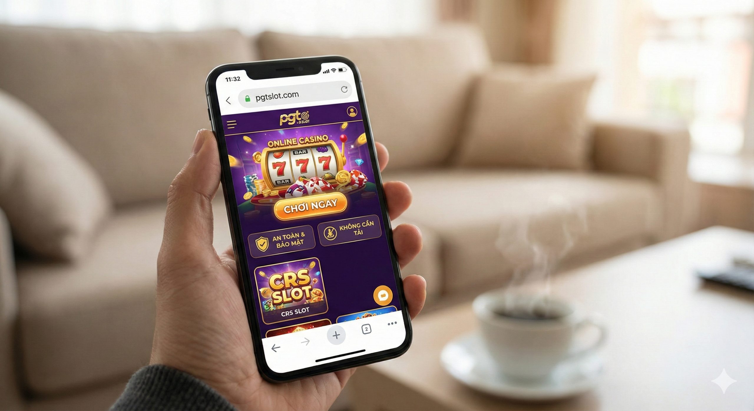 A first-person point-of-view shot of a hand holding a modern smartphone. The screen displays a user-friendly, colorful mobile casino lobby with a clear 'Play Now' button, emphasizing no-download access. The background is a cozy, blurred living room setting with warm lighting, illustrating the convenience of playing directly on a web browser. Elements of safety and security, like a small shield icon, are subtly integrated into the UI design.