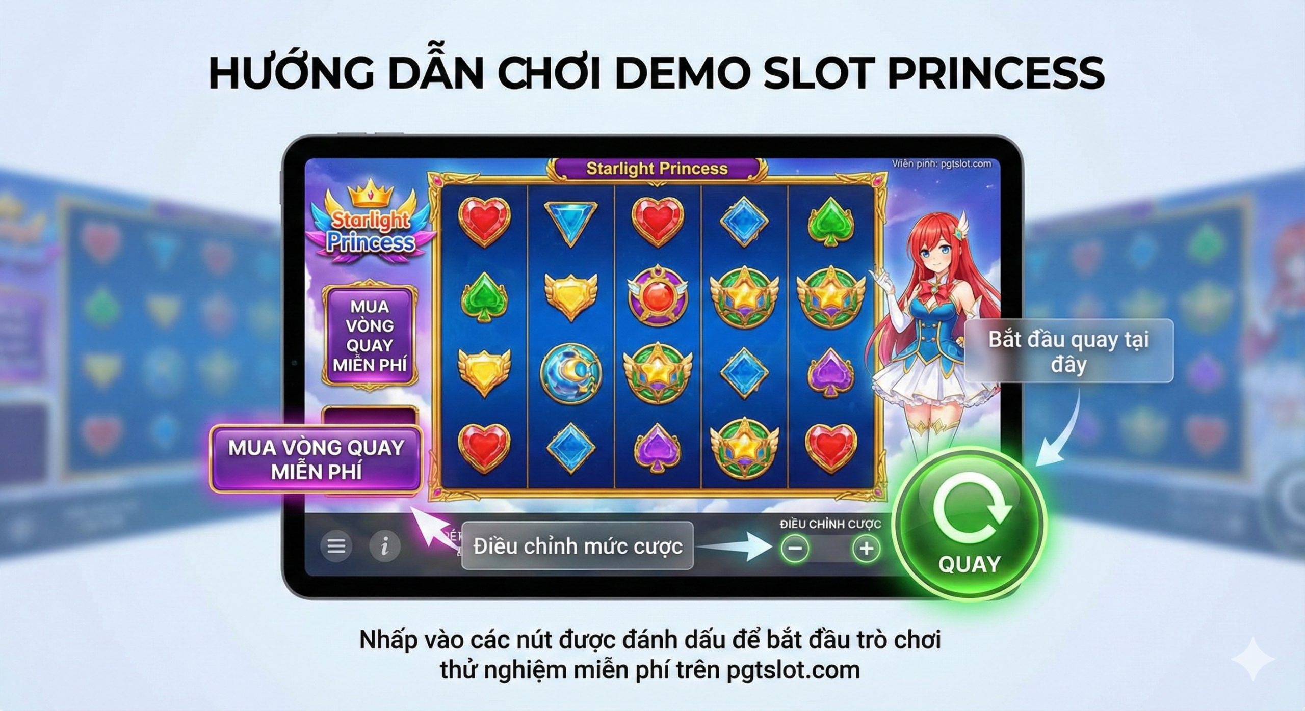 An instructional UI layout design showing the Starlight Princess game interface on a modern screen. Key elements like the 'Spin' button, 'Bet Adjustment' (+/-) toggles, and the 'Buy Free Spins' button are clearly visible and illuminated. The composition serves as a visual guide for beginners, demonstrating where to click to start the demo game. The aesthetic is clean, user-friendly, and tech-focused.