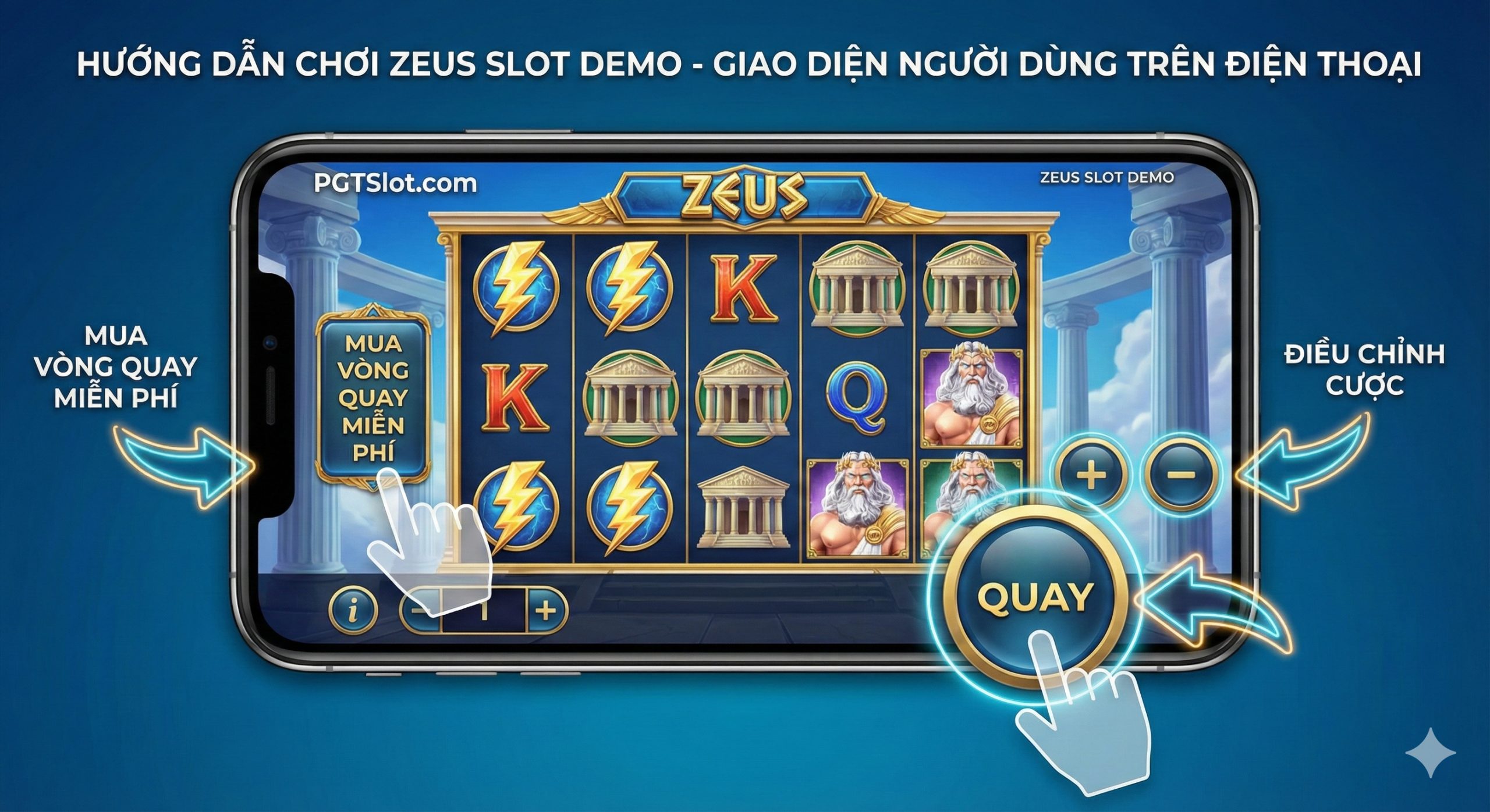 Hình ảnh đồ họa thông tin (infographic) hướng dẫn giao diện người dùng trên nền tảng PGTSlot. Hiển thị ảnh chụp màn hình rõ nét của giao diện game trên thiết bị di động. Các mũi tên neon sáng màu chỉ dẫn vào các nút chức năng quan trọng: Nút 'Spin' (Quay) hình tròn lớn, nút '+/-' để chỉnh cược, và đặc biệt là nút 'Mua Free Spins' ở bên trái. Kèm theo các biểu tượng ngón tay chạm vào màn hình để mô phỏng thao tác người dùng. Thiết kế sạch sẽ, hiện đại, dễ hiểu cho người mới bắt đầu, giúp người chơi hình dung cách thao tác ngay lập tức.