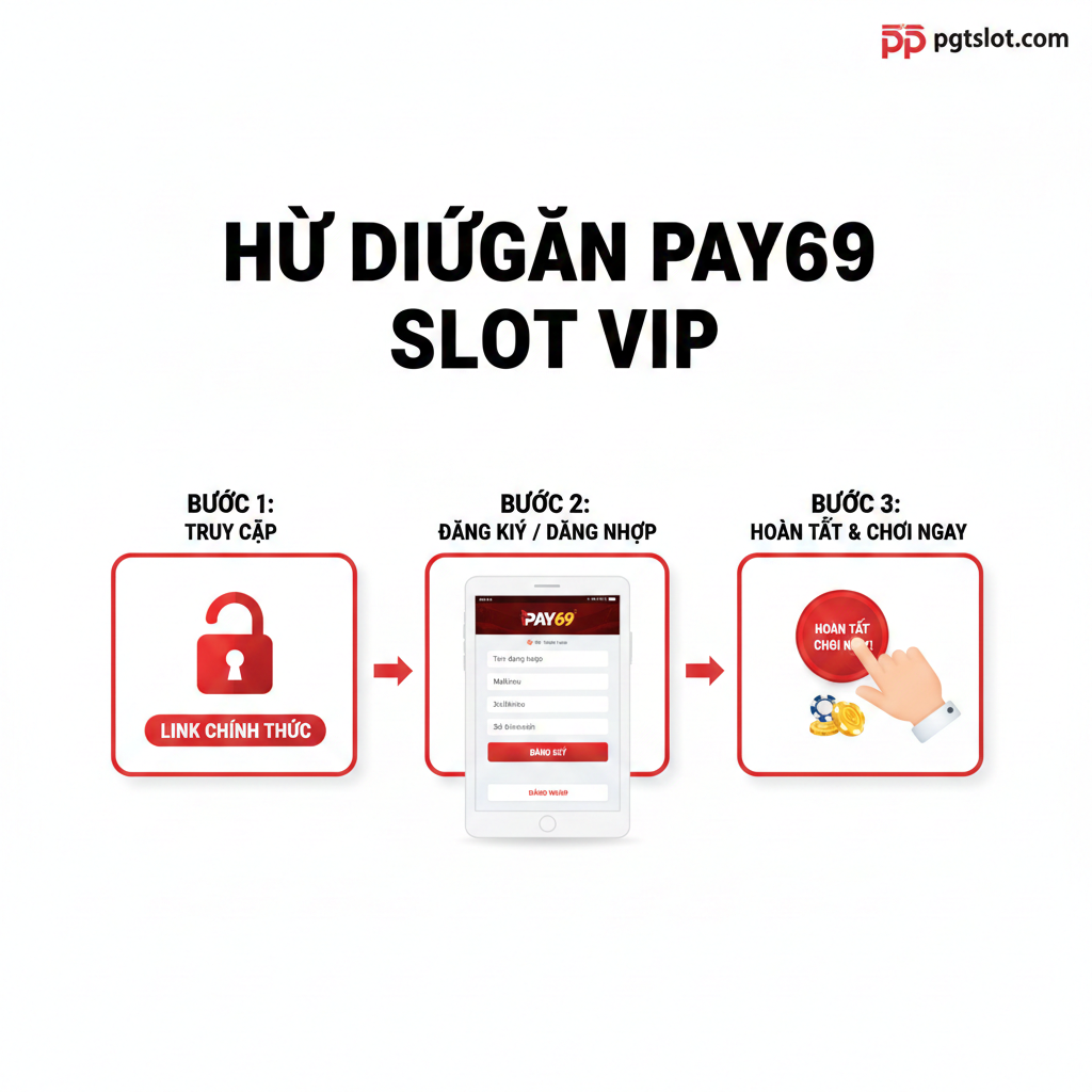 Hình ảnh hướng dẫn minh họa quy trình truy cập và đăng ký/đăng nhập. Sử dụng phong cách infographic đơn giản, gồm 3 bước rõ ràng từ trái sang phải hoặc trên xuống dưới. Bước 1: Một biểu tượng khóa (Link Chính Thức); Bước 2: Một màn hình điện thoại/máy tính có giao diện đăng ký Pay69 (điền thông tin); Bước 3: Một bàn tay nhấn nút 'Đăng Nhập' hoặc 'Hoàn Tất'. Màu sắc nên là màu cơ bản của website đích (ví dụ: đỏ, trắng, đen) để dễ hình dung, đảm bảo người dùng có thể thực hiện theo các bước một cách trực quan và dễ dàng.
