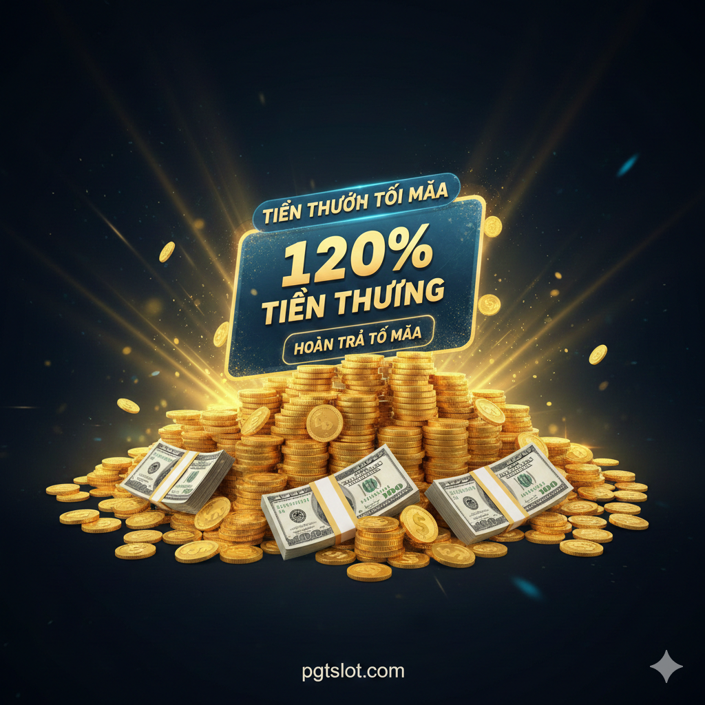 一张展示独家优惠'Max Welcome Bonus'的优势图。图片中心是一个巨大的、堆积如山的金色筹码和现金,象征着'Tiền Thưởng Max'。在筹码堆上放置一个醒目的越南语百分比标签,例如'120% BONUS'或'HOÀN TRẢ MAX'。背景可以设计成深色调,以突出金钱的闪耀。图片应传 đạt出丰厚和独家的感觉,下方用小字标明'pgtslot.com',作为奖励的唯一来源。