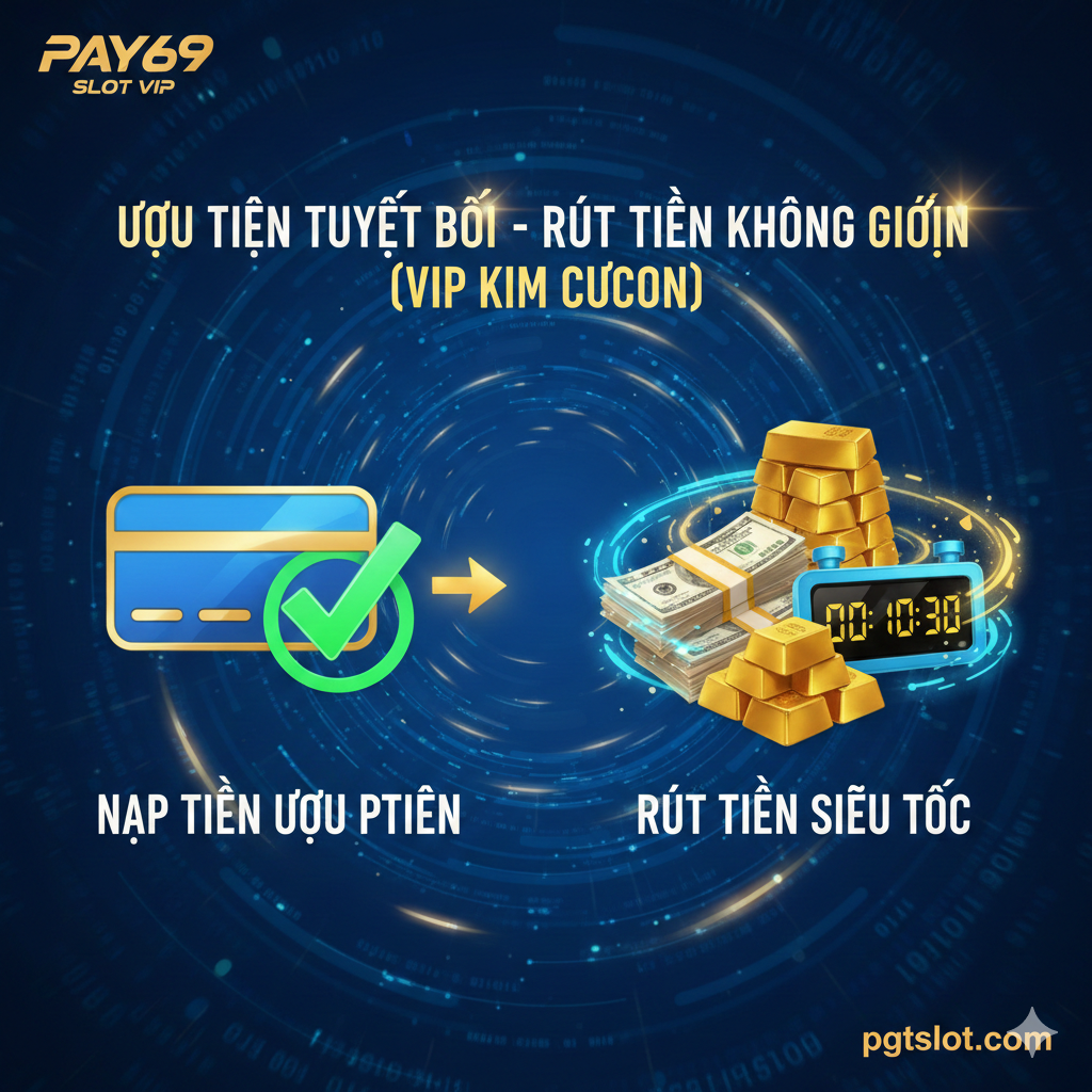 Hình ảnh nhấn mạnh ưu điểm vượt trội của VIP: giao dịch Nạp/Rút tiền ưu tiên và không giới hạn. Bố cục tập trung vào tốc độ và sự tiện lợi. Một bên là biểu tượng ví tiền điện tử hoặc thẻ ngân hàng (Nap Tiền) có dấu tick xanh lớn, bên còn lại là một chồng tiền mặt hoặc vàng (Rút Tiền) với một đồng hồ bấm giờ siêu nhanh (khoảng 10-15 phút). Nền ảnh là các luồng dữ liệu hoặc ánh sáng chuyển động nhanh, tạo cảm giác tốc độ. Thêm dòng chữ 'Ưu Tiên Tuyệt Đối - Rút Tiền Không Giới Hạn (VIP Kim Cương)' bằng phông chữ mạnh mẽ.