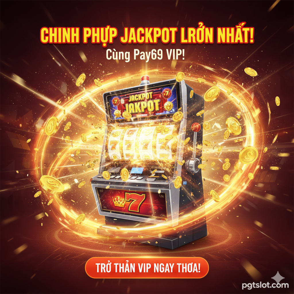 Hình ảnh tổng kết và Kêu gọi hành động (CTA). Hình ảnh nên có cảm giác bùng nổ, rực rỡ và chiến thắng. Trung tâm là một máy slot game đang nổ Jackpot, với rất nhiều đồng xu vàng và ánh sáng lấp lánh bay ra. Phông chữ lớn, in đậm ở giữa: 'Chinh Phục Jackpot Lớn Nhất Cùng Pay69 VIP!' hoặc 'Trở Thành VIP Ngay Hôm Nay!'. Màu sắc rực rỡ, năng động (vàng, đỏ, cam) để thúc đẩy hành vi click. Đặt logo mờ của pgtslot.com ở góc để tăng tính nhận diện đối tác uy tín.