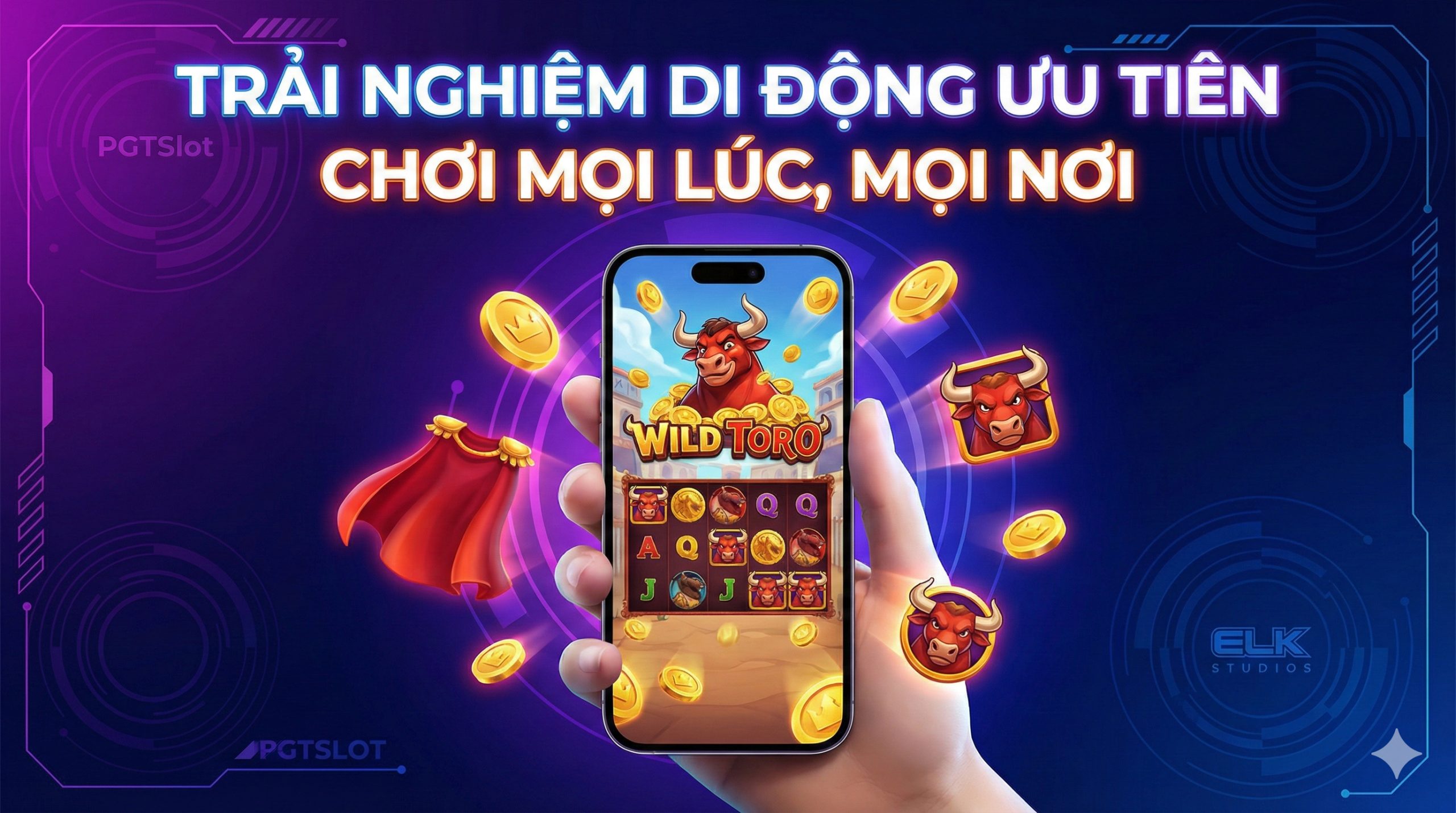 一张极具现代感的3D概念图,展示Elk Studios标志性的'Mobile First'移动优先设计理念。画面中央是一部竖屏握持的高端智能手机,屏幕上正在运行色彩鲜艳的'Wild Toro'游戏,画面清晰细腻。手机周围环绕着立体浮动的游戏元素,如金币、红色的斗牛士斗篷和卡通风格的公牛角色,仿佛要跳出屏幕。背景采用深蓝与霓虹紫的科技感渐变色,融合了PGTSlot的品牌色调,光影效果强调沉浸式体验和流畅的操作感。