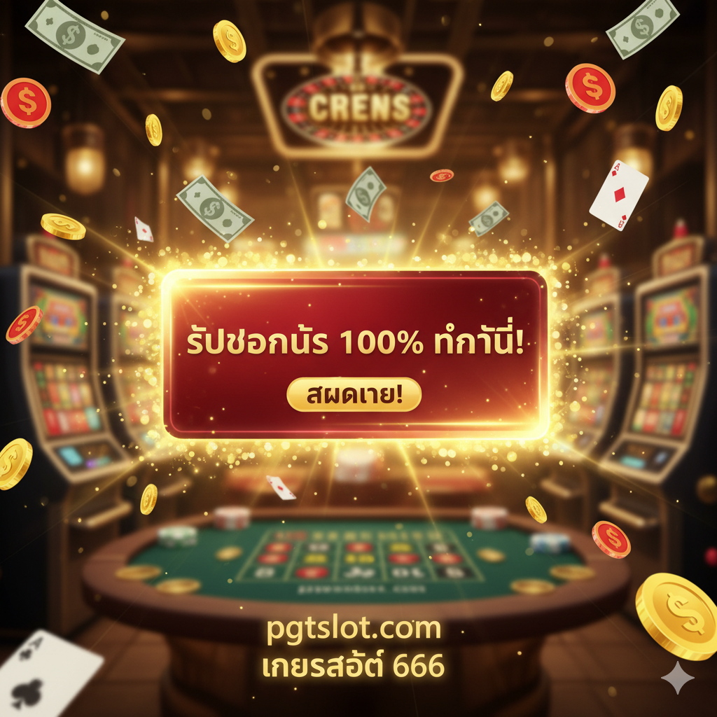 A high-impact, persuasive image for the final call to action (CTA). The central element must be a large, attention-grabbing banner or button that says 'CLAIM BONUS 100%' or 'Register Now' (using Thai or English text that conveys urgency). This central CTA element should glow with gold and red colors. The background should be slightly blurred but still show hints of casino elements and rapidly falling gold coins/money symbols. The image's mood is exciting and urgent, compelling the user to click and finalize the registration to receive the stated bonus and credits.