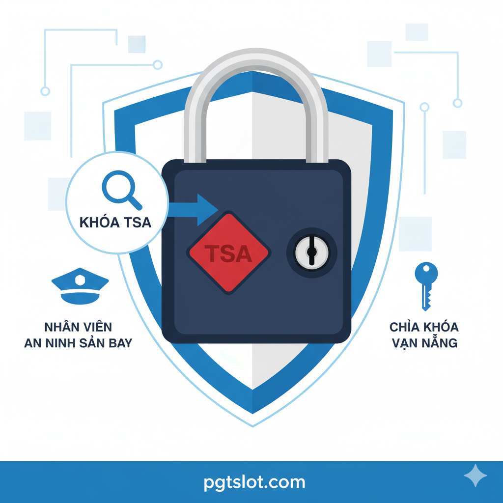 Hình ảnh tập trung vào khóa TSA, hiển thị rõ biểu tượng kim cương đỏ và lỗ chìa khóa vạn năng, kèm theo các chú thích giải thích về cơ chế kiểm tra an ninh mà không cần phá khóa.