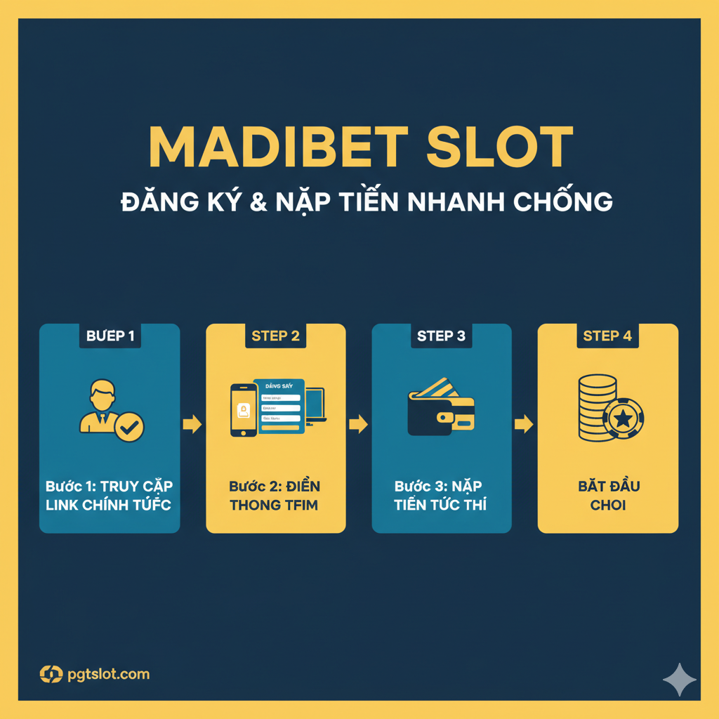 教程指导图,演示'Đăng Ký & Nạp Tiền Nhanh Chóng'的流程。图片应采用分步流程图(三步或四步)的扁平化设计风格。第一步图标是用户注册(人像+勾),第二步是手机或电脑屏幕上的'Đăng Ký'界面,第三步是钱包或银行卡图标(代表'Nạp Tiền'),最后一步是游戏币或筹码图标(代表'Bắt Đầu Chơi')。整体使用Madibet品牌的主色调(如蓝色/金色)作为强调色。文字(越南语)简 ngắn gọn rõ ràng标记每个 bước, như 'Bước 1: Truy Cập Link Chính Thức', 'Bước 2: Điền Thông Tin', 'Bước 3: Nạp Tiền Tức Thì'。