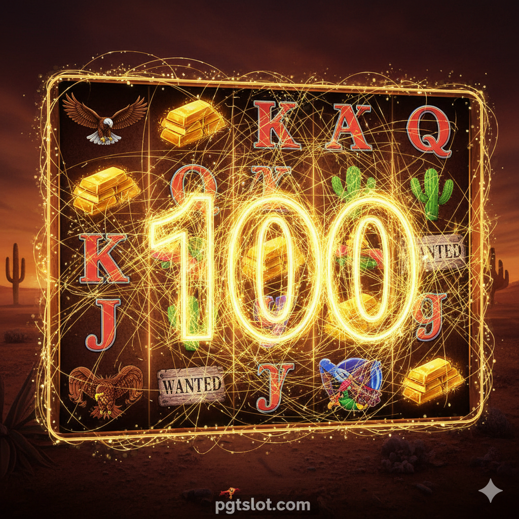 图片主要突出“100 Paylines”这一最大优势。画面应是游戏卷轴的俯视或斜视图，卷轴上布满了各种符号（如老鹰、金条、仙人掌），并用数百条闪烁的、交叉的金色线条（Paylines）覆盖整个卷轴，这些线条汇聚成一个巨大的“100”，象征着大量的获胜机会。整体颜色鲜亮，金色线条与深色卷轴形成对比，强调高赢钱潜力。