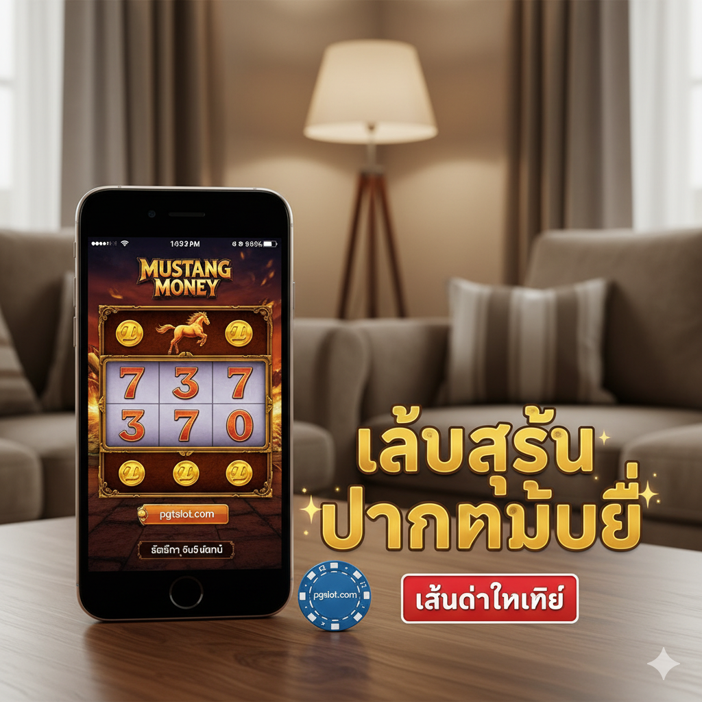 总结图，重点是移动端体验和行动号召。画面为一个放在桌上的智能手机，手机屏幕上清晰地显示着 Mustang Money 游戏的界面，暗示玩家可以随时随地畅玩。背景可以是一个舒适的室内环境，旁边放着一个小的 pgtslot.com 品牌的筹码或Logo，象征方便快捷。构图要简洁，突出手机屏幕和游戏的吸引力，鼓励玩家立即行动，使用泰语的“เล่นได้ทุกที่” (玩遍各地) 或“เล่นง่ายบนมือถือ” (手机轻松玩) 作为辅助视觉元素。