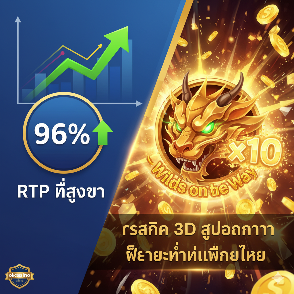 突出PG SLOT的核心功能优势:高RTP和3D图形。图片应采用分屏对比或数据图表的形式。一侧是简洁的图表,用百分比数字(例如96%↑)和向上的箭头强调“RTP ที่สูงกว่า”(更高的RTP),并用一个小小的、不明显的“okcasino slot”标志来对比。另一侧展示一个PG SLOT游戏的特写镜头,例如Wilds on the Way符号或乘数(Multiplier)增加的动画效果,强调其“กราฟิก 3D สุดอลังการ”和“ฟีเจอร์ที่ไม่เหมือนใคร”。色彩明亮、细节丰富,营造出刺激和高回报的视觉感受。