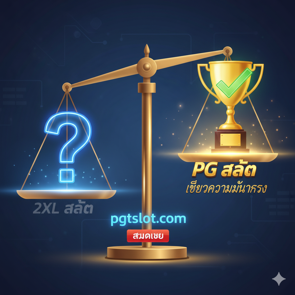 总结图，用于引导用户做出最终选择：选择PG Slot。构图应为一个权衡天平或决策路径。左侧为代表'2xl slot'的问号（？），象征不确定性。右侧为代表'PG Slot'的坚定符号（√）或奖杯，象征 proven success。画面中央是'pgtslot.com'的网址，作为一个明確的行动号召（Call to Action）。使用对比色，让PG Slot的一侧更明亮、更吸引人，并配上泰语的总结词，例如'เลือกความมั่นคง'（Choose Stability）和'สมัครเลย'（Sign Up Now）。