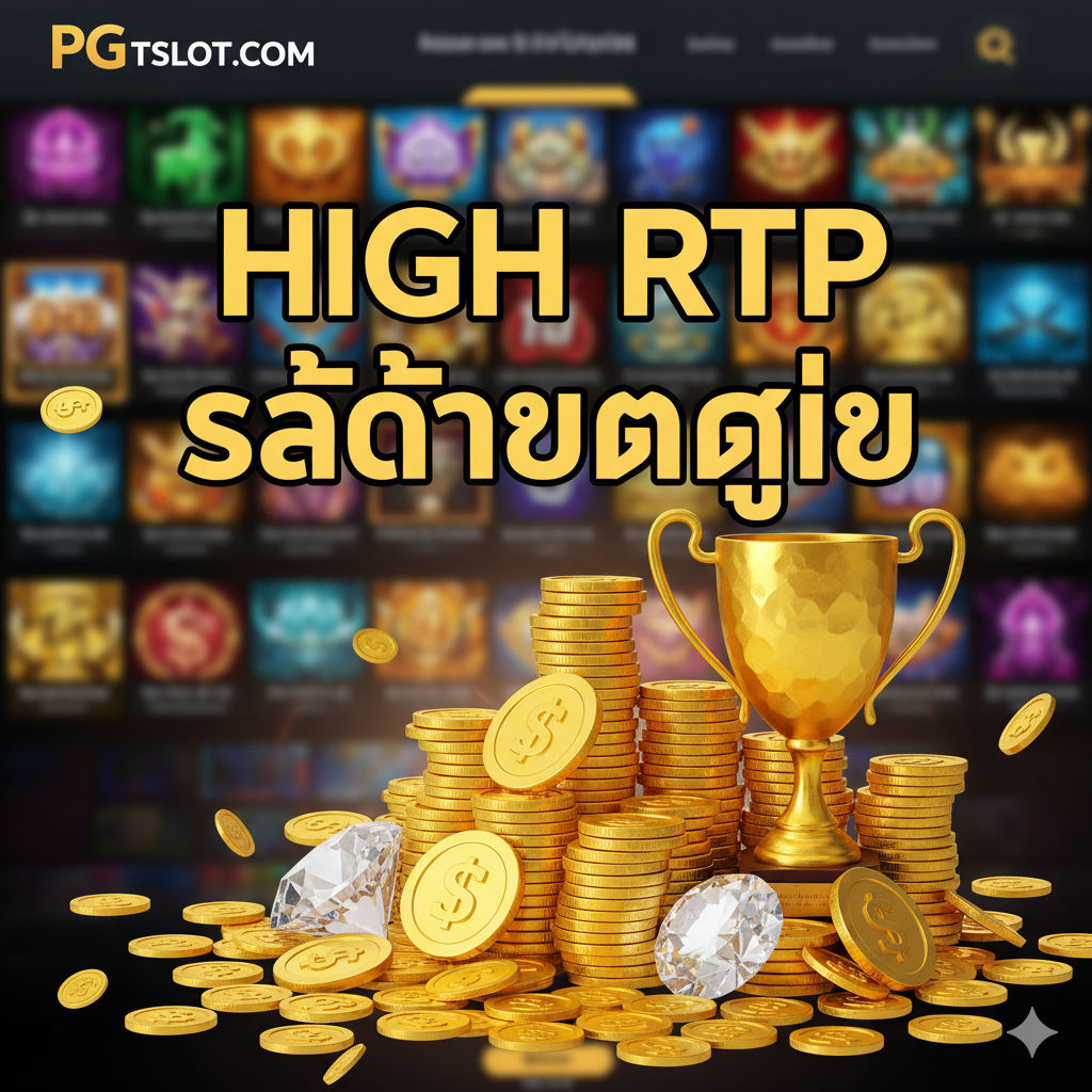 一张突出pgtslot.com平台และPG Slot游戏优势的图片。核心元素是巨大的“HIGH RTP”และ“สล็อตแตกง่าย”泰文标语,旁边配上大量金币、钻石และ奖杯堆成的山。构图应充满冲击力,象征财富唾手可得。背景可以是一个模糊的、高品质ของPG Slot游戏大厅หรือ登陆页面的截图,强调平台的可靠性และเกม的多样性。整体风格应是胜利、高收益และ专业运营的结合,营造出ใน pgtslot.com เล่นเกมดีกว่าไปเดนมาร์ก。