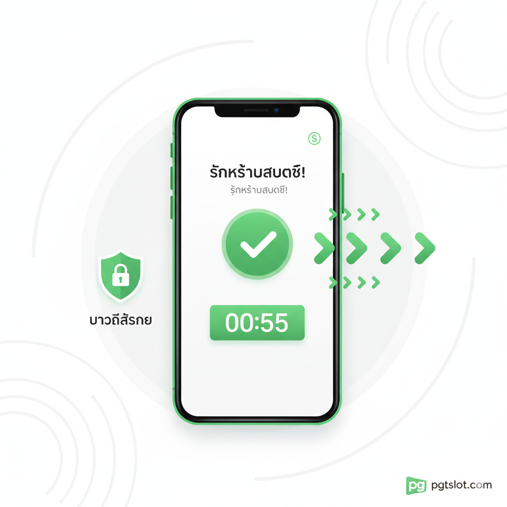 ภาพกราฟิกแบบมินิมอลและทันสมัยที่เน้นย้ำถึงจุดเด่นด้าน 'ระบบฝาก-ถอนอัตโนมัติ รวดเร็ว ภายใน 5 วินาที' จัดองค์ประกอบโดยมีสมาร์ทโฟนอยู่ตรงกลาง แสดงหน้าจอการทำธุรกรรมสำเร็จอย่างรวดเร็ว พร้อมตัวจับเวลาหรือนาฬิกาที่แสดงเลข '5 วินาที' อย่างชัดเจน ใช้ลูกศรที่พุ่งไปข้างหน้าและไอคอนรูปโล่/กุญแจล็อคเพื่อสื่อถึงความเร็วและความปลอดภัยของ 'Akun' (บัญชี) สีหลักควรเป็นสีเขียวสำหรับการอนุมัติและความสำเร็จ ตัดกับพื้นหลังสีขาวหรือสีเทาอ่อนเพื่อความคมชัด