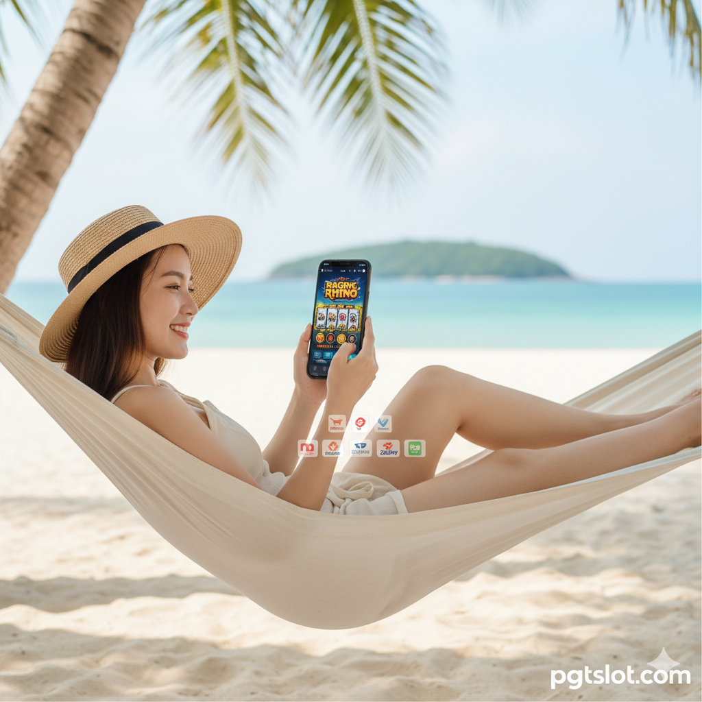 Hình ảnh minh họa lợi thế chơi game trên pgtslot.com. Thể hiện một người đang nằm trên ghế sofa hoặc ngoài trời, thoải mái chơi Raging Rhino trên giao diện tối ưu hóa cho điện thoại di động (iPhone hoặc Android). Màn hình điện thoại hiển thị giao diện game mượt mà, sáng rõ. Góc dưới có thể thêm các biểu tượng giao dịch nhanh (như logo ngân hàng Việt Nam hoặc cổng thanh toán) cùng logo 'pgtslot.com' để nhấn mạnh sự tiện lợi, bảo mật và khả năng chơi mọi lúc mọi nơi.