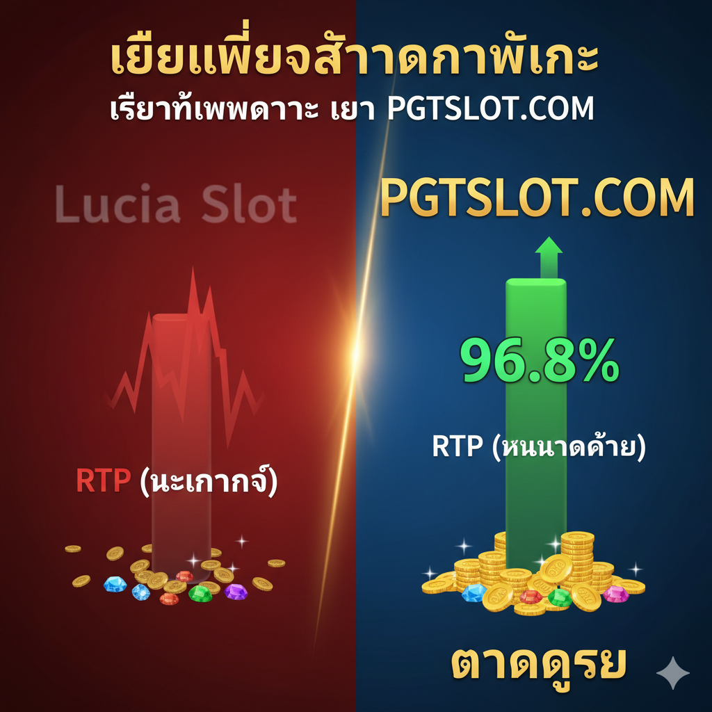 一張技术概念图,展示API连接。图片右侧显示“PG SOFT”服务器通过一条粗壮、发光的直线(标记为“Direct API”)连接到“PGTSLOT.COM”。而左侧显示“Lucia Slot”通过多条细小、曲折的线(标记为“Agent”或“ตัวกลาง”)连接到服务器。这直观地展示了PGTSLOT的稳定性和速度优势,色彩上,直连线使用稳定的蓝色和白色,而代理线使用较暗的灰色。