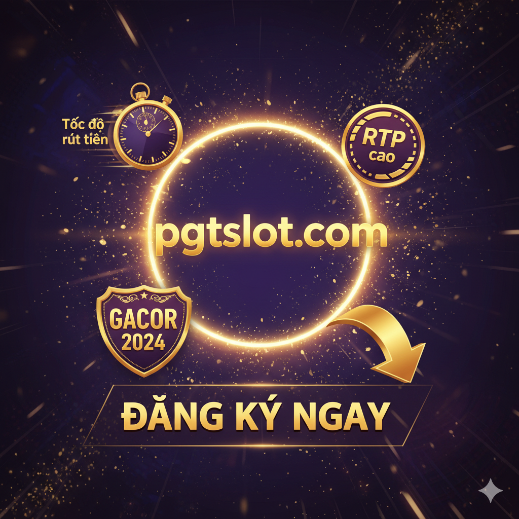 Hình ảnh tóm tắt và kêu gọi hành động. Trung tâm bức ảnh là Logo PGT Slot (hoặc chữ “pgtslot.com”) được phóng đại và bao quanh bởi ánh sáng. Xung quanh nổi bật các yếu tố thành công chính: một đồng hồ bấm giờ nhanh (Tốc độ rút tiền), một biểu tượng phần trăm cao (RTP), và một huy hiệu “Gacor 2024”. Phong cách tổng thể lộng lẫy, sử dụng màu vàng kim và tím hoặc xanh đậm để tạo cảm giác sang trọng, uy tín và một lời kêu gọi hành động mạnh mẽ, với một mũi tên lớn hướng dẫn 'Đăng Ký Ngay'.
