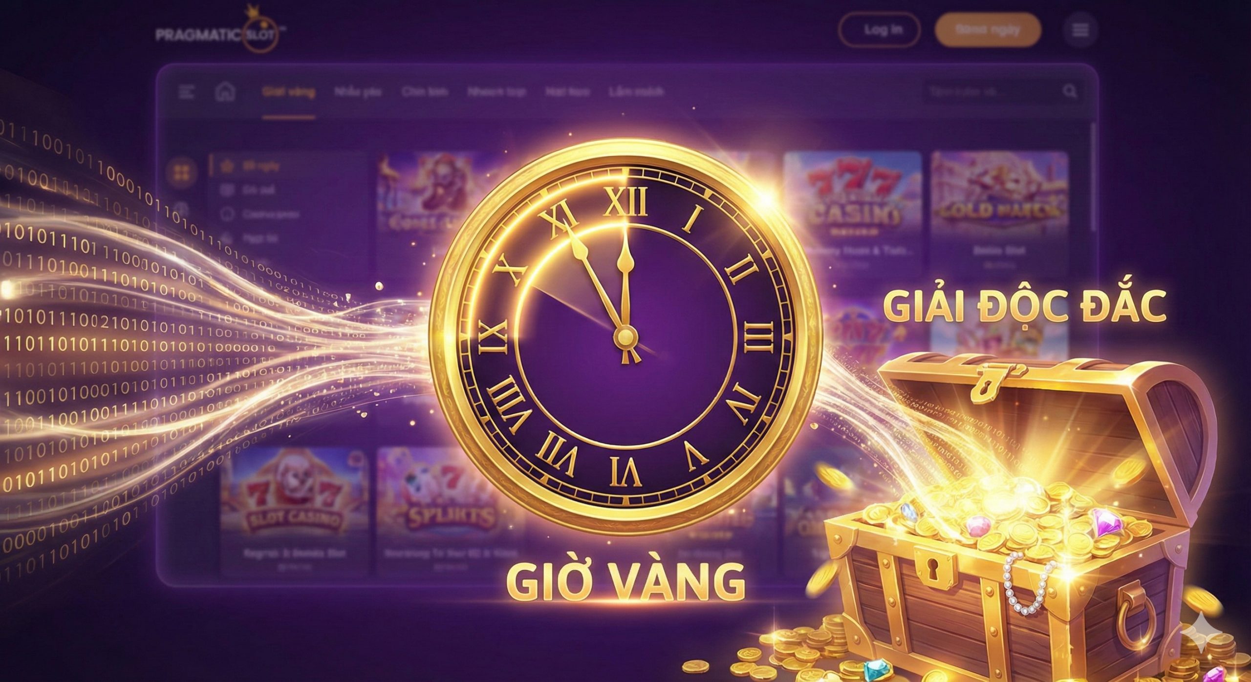 描绘'黄金时刻'（Golden Hours）概念的插图。画面中心是一个发光的金色时钟，指针指向12点和22点区域，时钟周围环绕着大数据的光流，汇聚成一个正在开启的宝箱或Jackpot奖池。背景隐约可见pgtslot.com的游戏大厅界面，暗示在特定时间段内服务器活跃度高、奖池累积快。色调采用神秘的紫色搭配辉煌的金色，营造出一种'时机已到，大奖即发'的紧迫感和期待感。